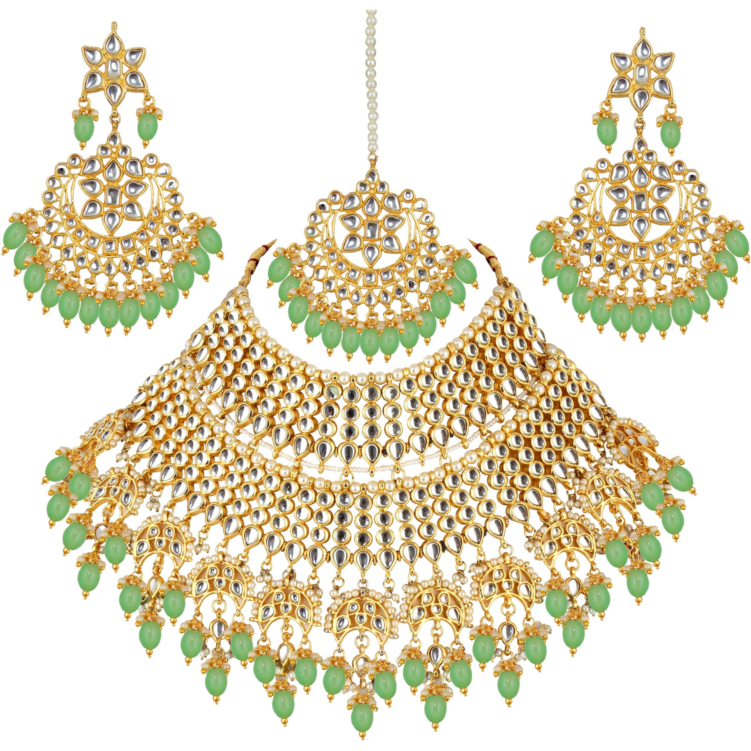 Lucky Jewellery Designer Gold Plating Mint Color Pearl with Kundan Choker Bridal Necklace Set For Girls & Women (4200-QSK-564-MNT)