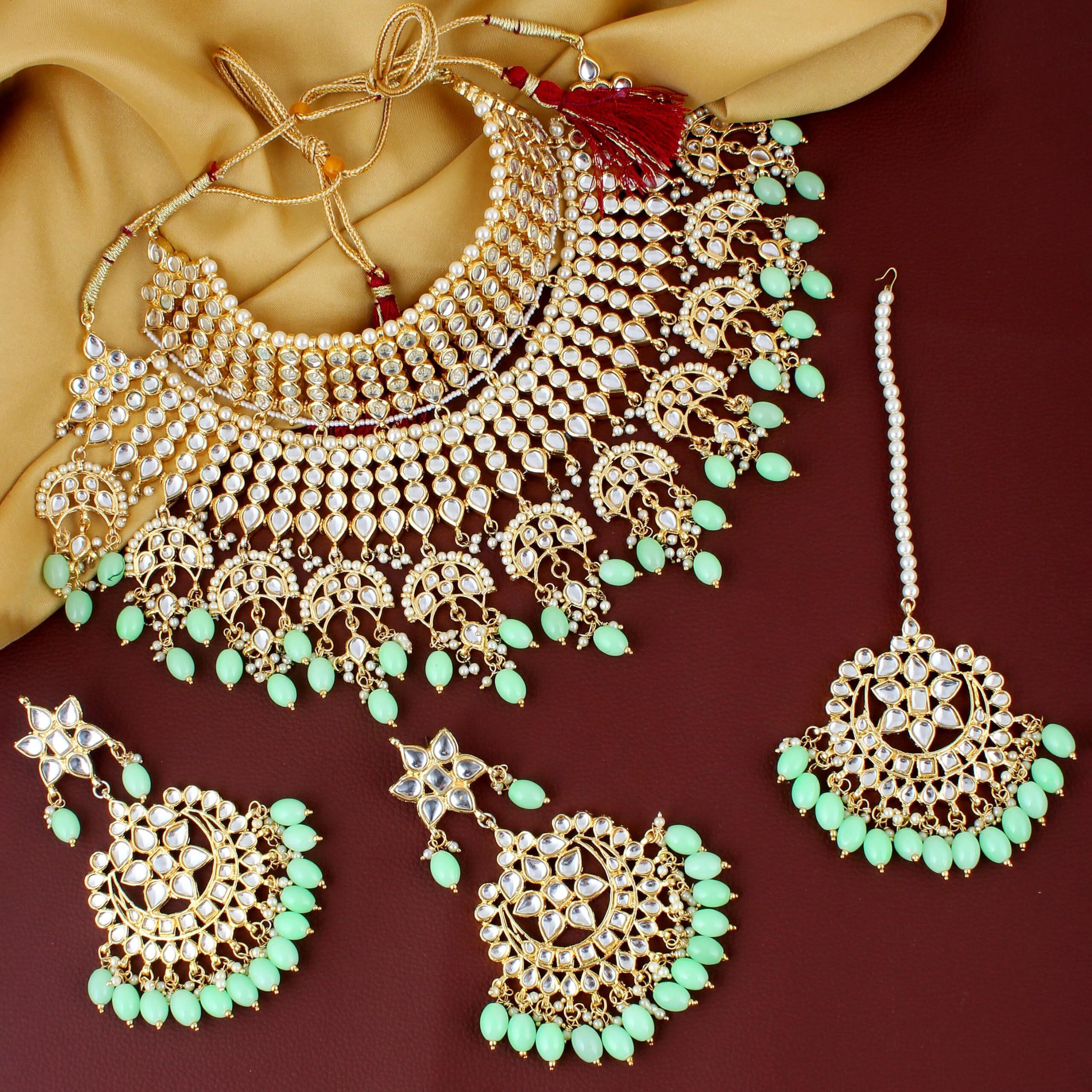 Lucky Jewellery Designer Gold Plating Mint Color Pearl with Kundan Choker Bridal Necklace Set For Girls & Women (4200-QSK-564-MNT)