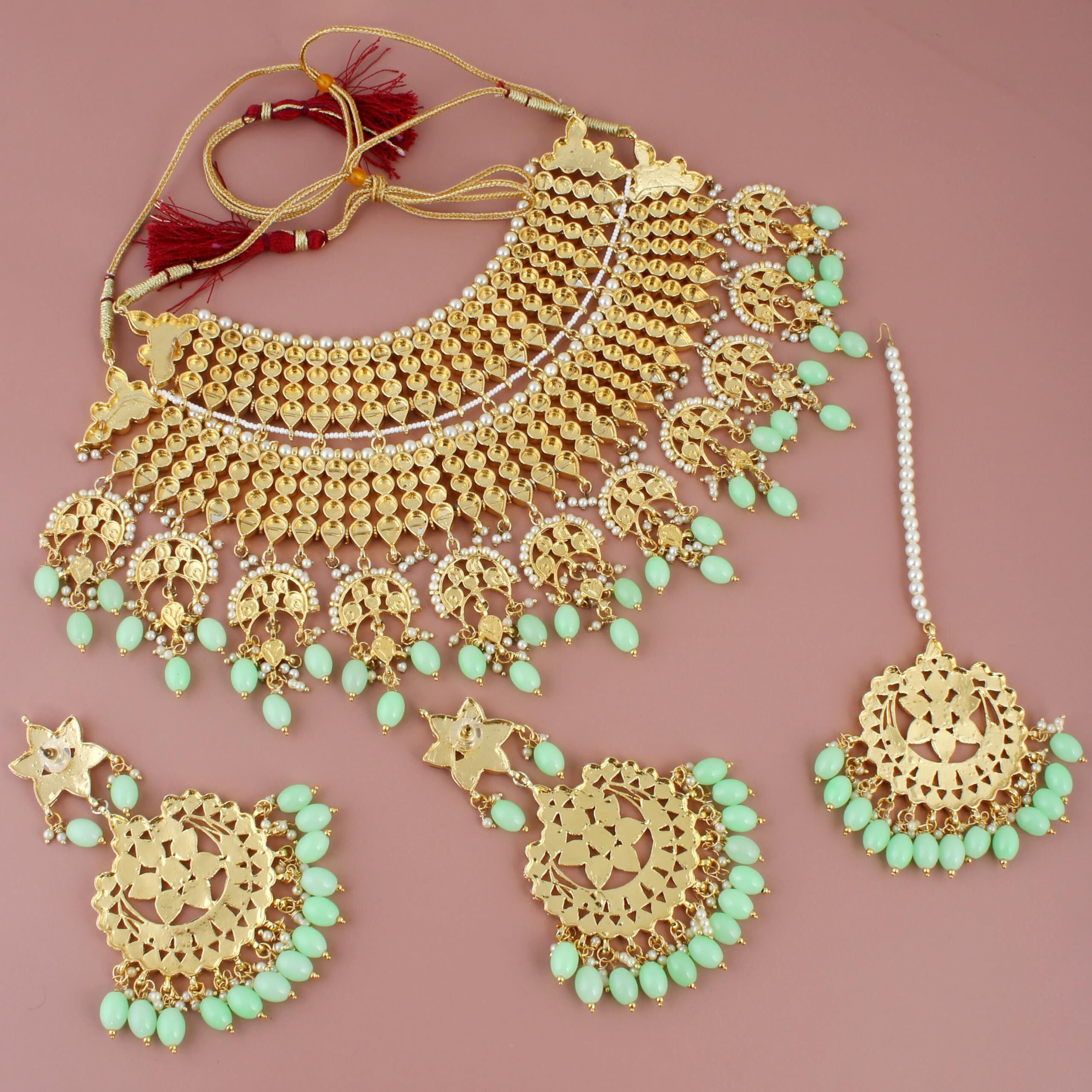 Lucky Jewellery Designer Gold Plating Mint Color Pearl with Kundan Choker Bridal Necklace Set For Girls & Women (4200-QSK-564-MNT)
