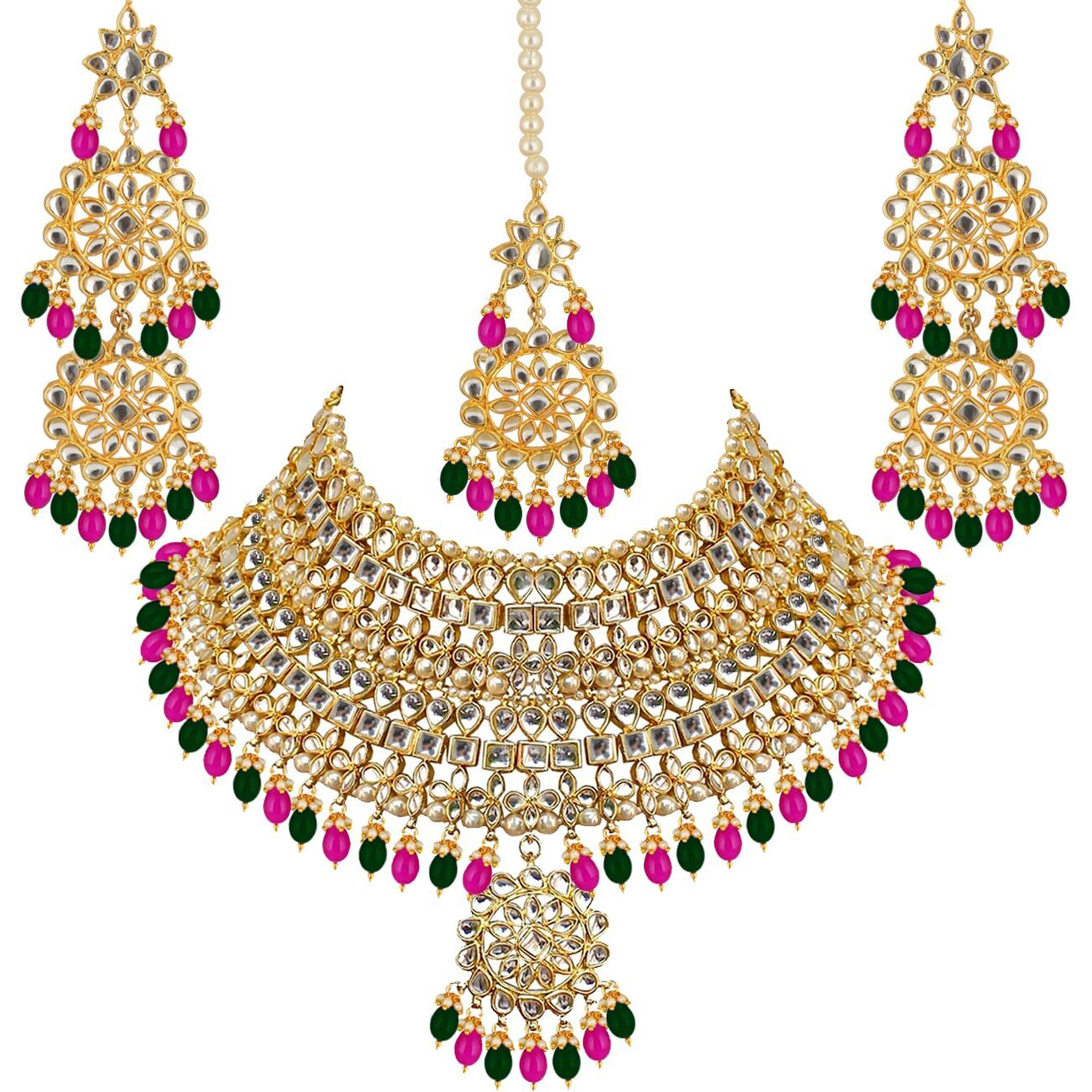 Lucky Jewellery Designer Gold Plating Magenta and Green Color Pearl with Kundan Choker Bridal Dulhan Necklace Set For Girls & Women (4200-QSK-580-RG)