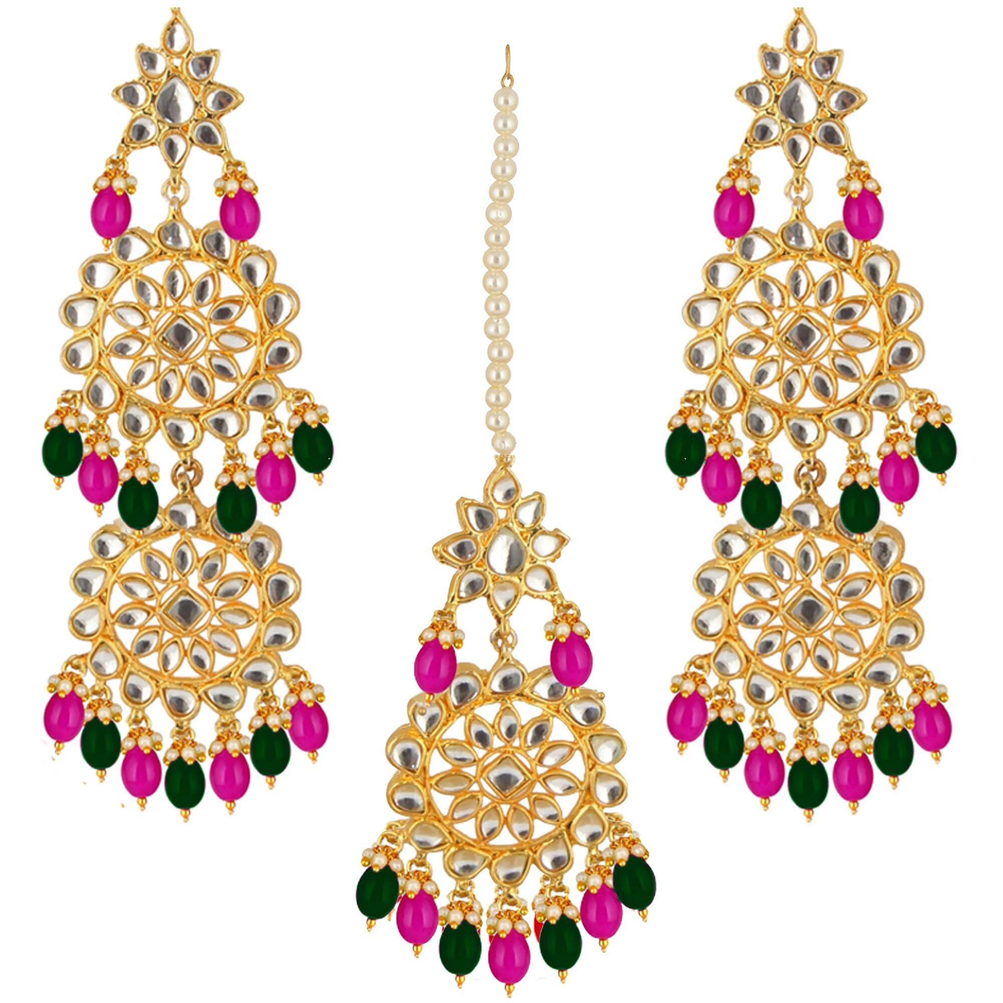 Lucky Jewellery Designer Gold Plating Magenta and Green Color Pearl with Kundan Choker Bridal Dulhan Necklace Set For Girls & Women (4200-QSK-580-RG)