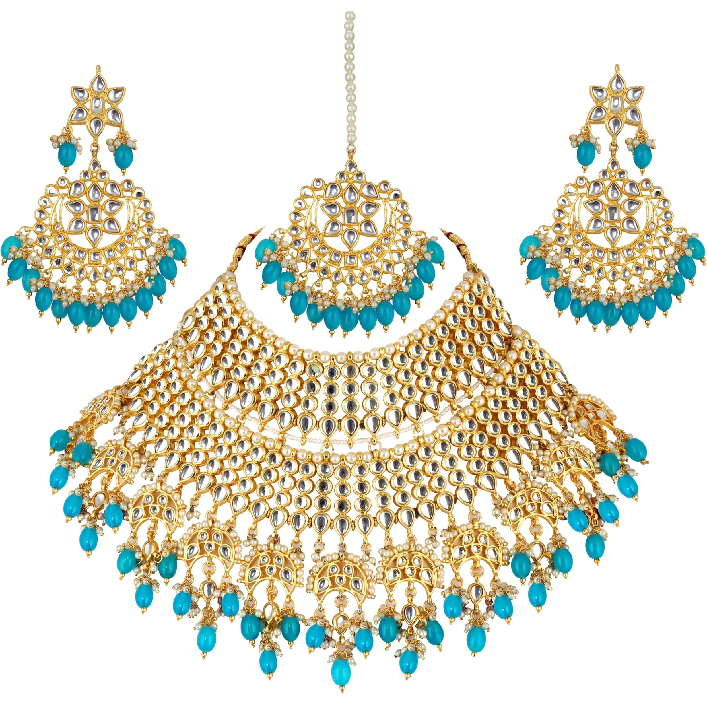 Lucky Jewellery Designer Gold Plating Firoji Color Pearl with Kundan Choker Bridal Necklace Set For Girls & Women (4200-QSK-564-F)