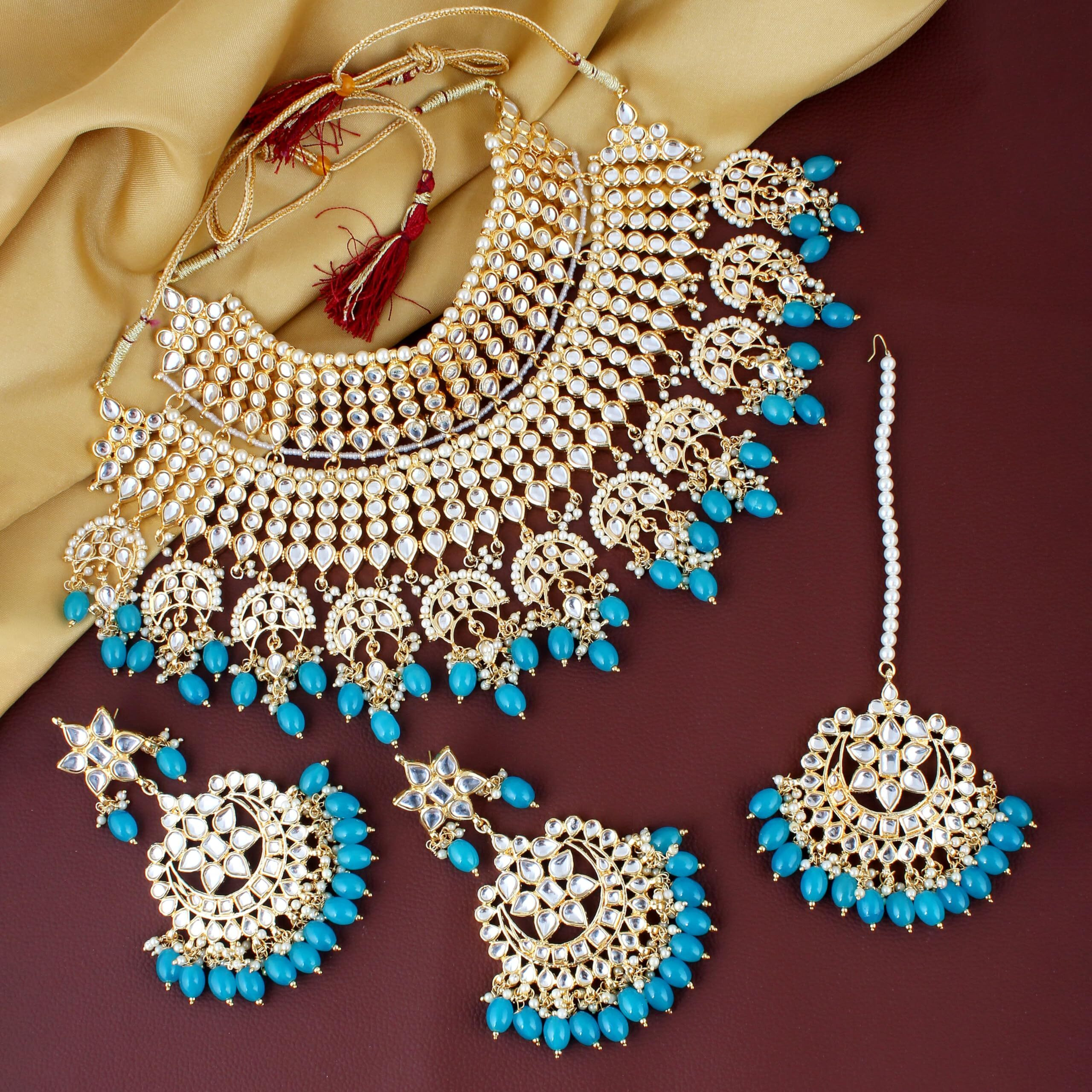 Lucky Jewellery Designer Gold Plating Firoji Color Pearl with Kundan Choker Bridal Necklace Set For Girls & Women (4200-QSK-564-F)
