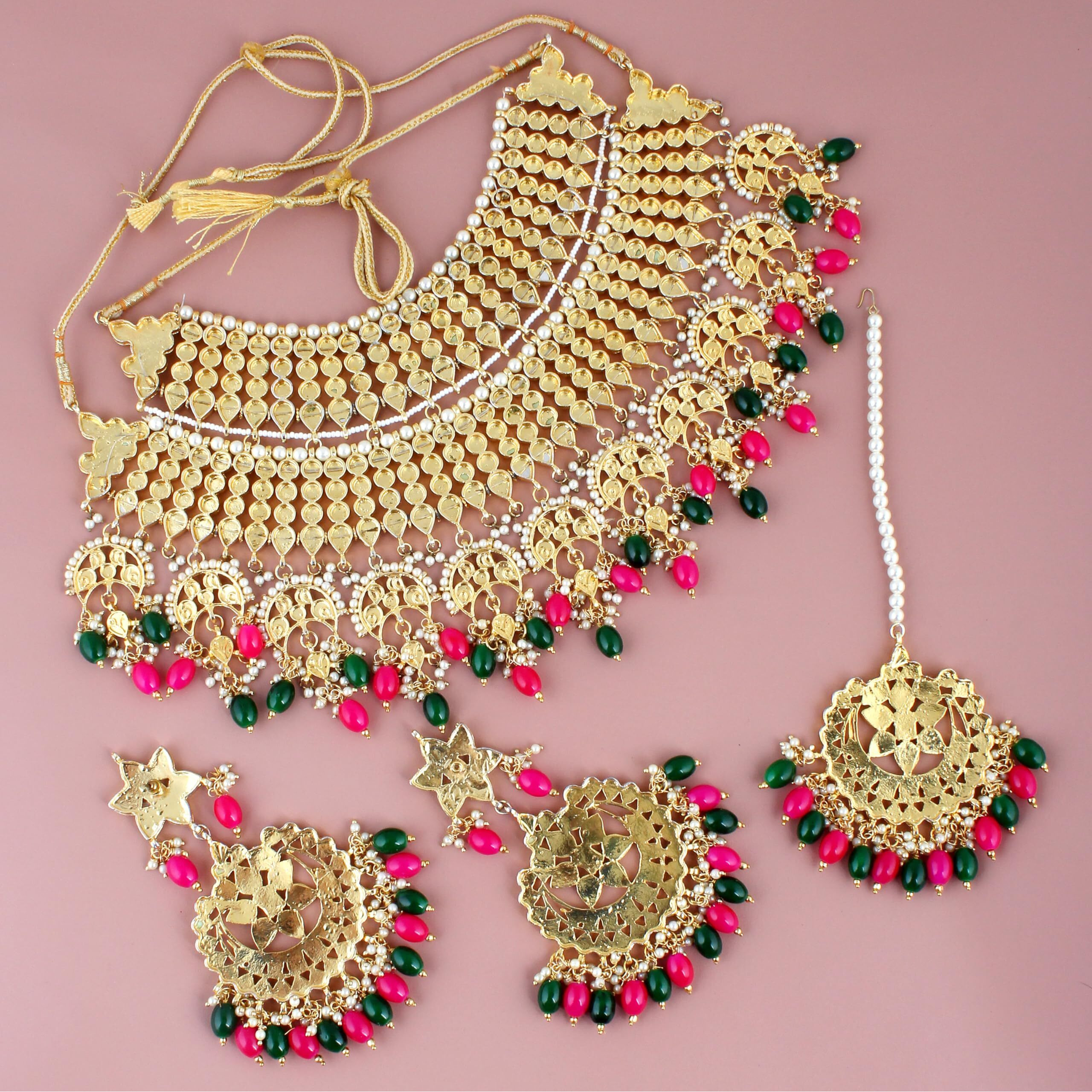 Lucky Jewellery Designer Gold Plating Magenta and Green Color Pearl with Kundan Choker Bridal Necklace Set For Girls & Women (4200-QSK-564-RG)