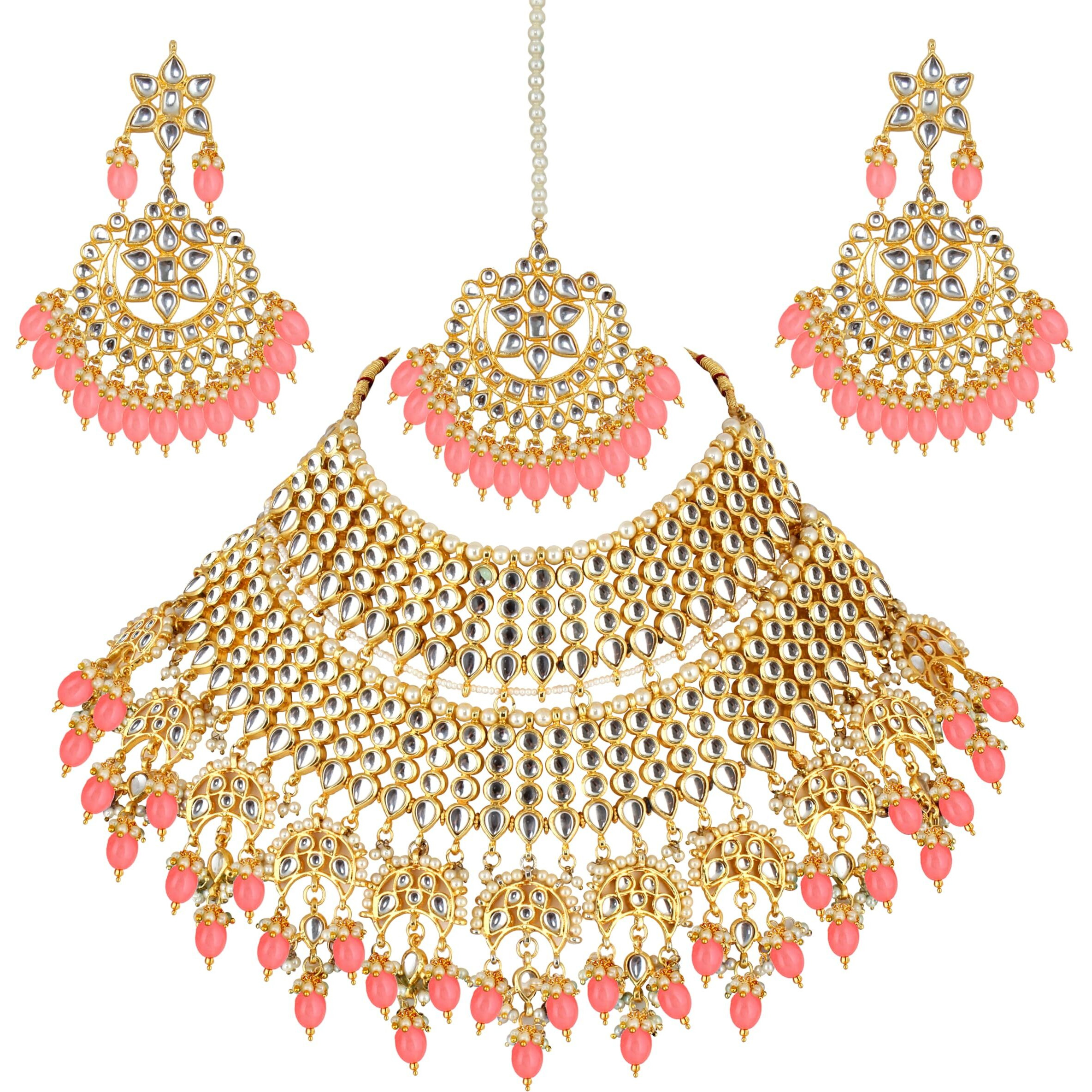 Lucky Jewellery Designer Gold Plating Peach Color Pearl with Kundan Choker Bridal Necklace Set For Girls & Women (4200-QSK-564-PH)
