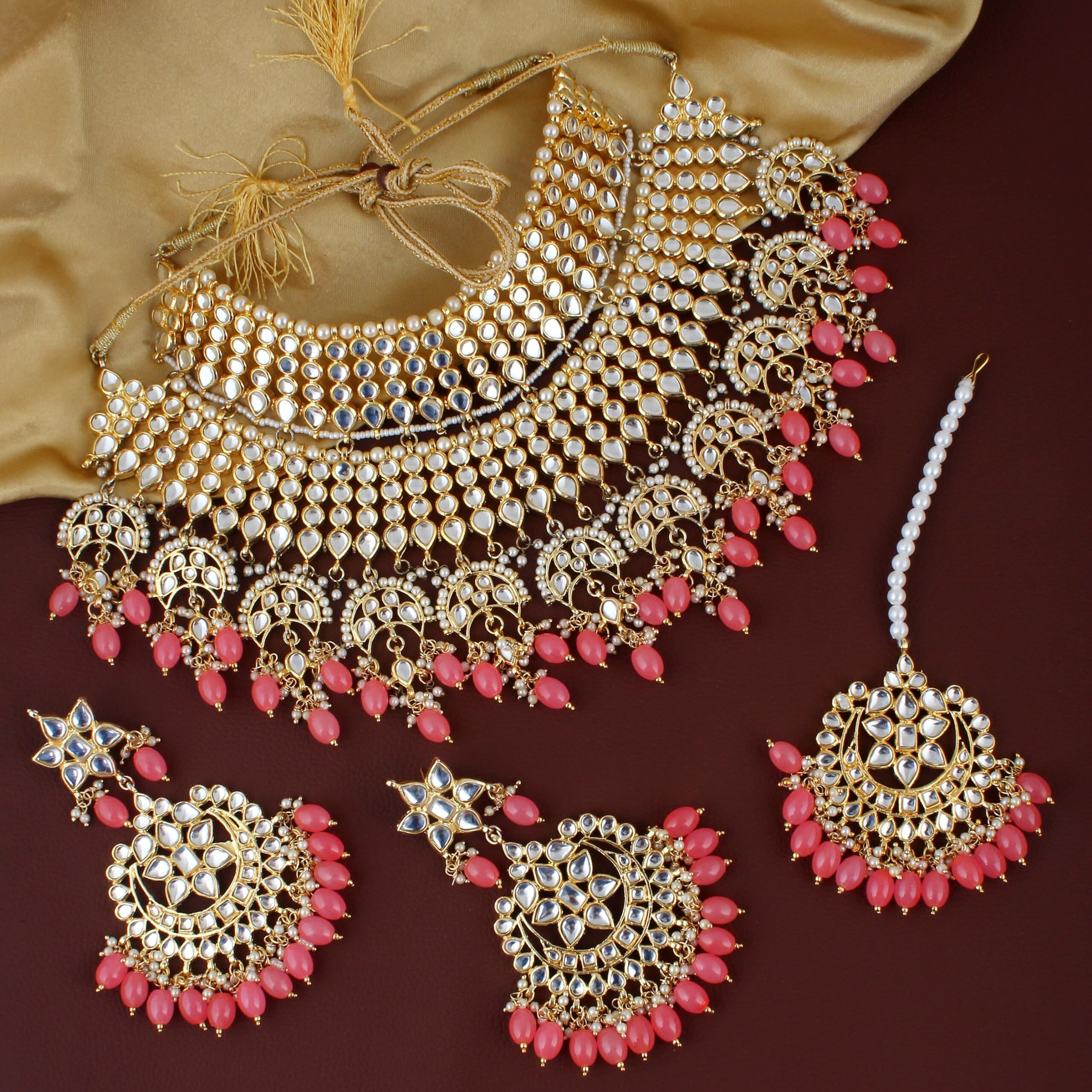 Lucky Jewellery Designer Gold Plating Peach Color Pearl with Kundan Choker Bridal Necklace Set For Girls & Women (4200-QSK-564-PH)