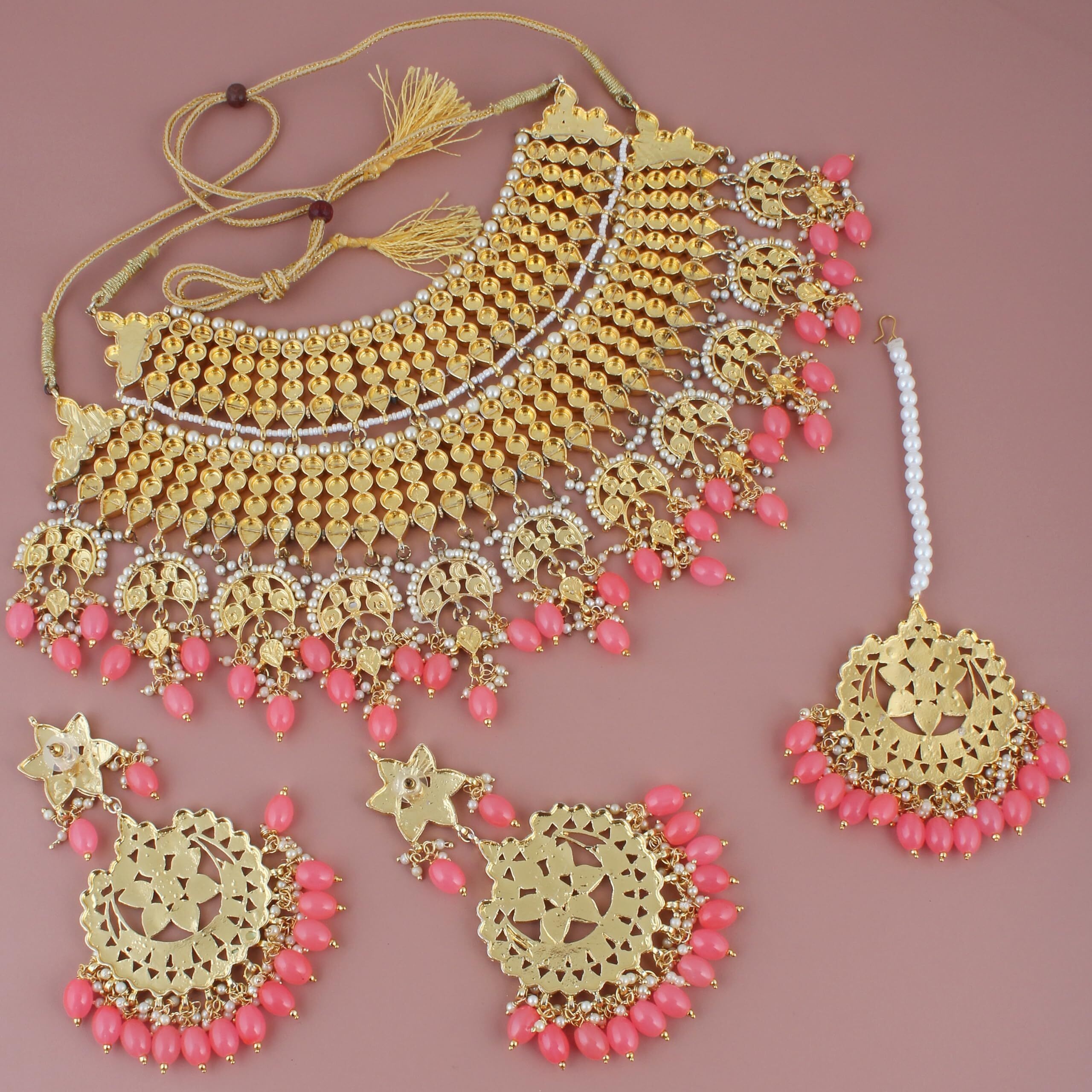 Lucky Jewellery Designer Gold Plating Peach Color Pearl with Kundan Choker Bridal Necklace Set For Girls & Women (4200-QSK-564-PH)