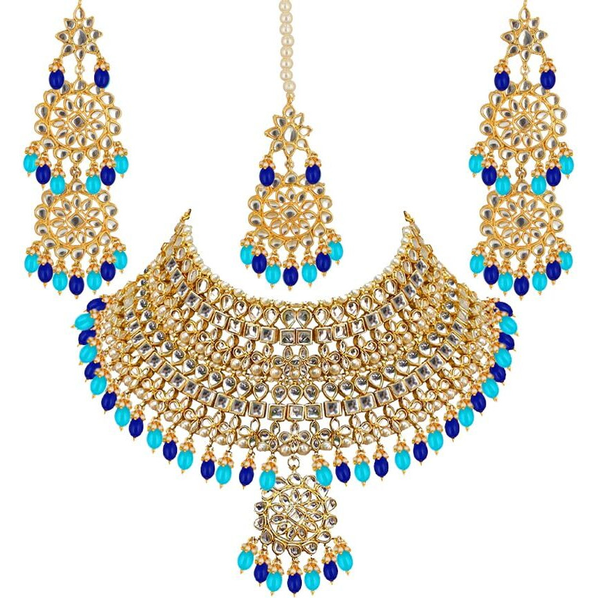 Lucky Jewellery Designer Gold Plating Firoji and Blue Color Pearl with Kundan Choker Bridal Dulhan Necklace Set For Girls & Women (4200-QSK-580-FB)
