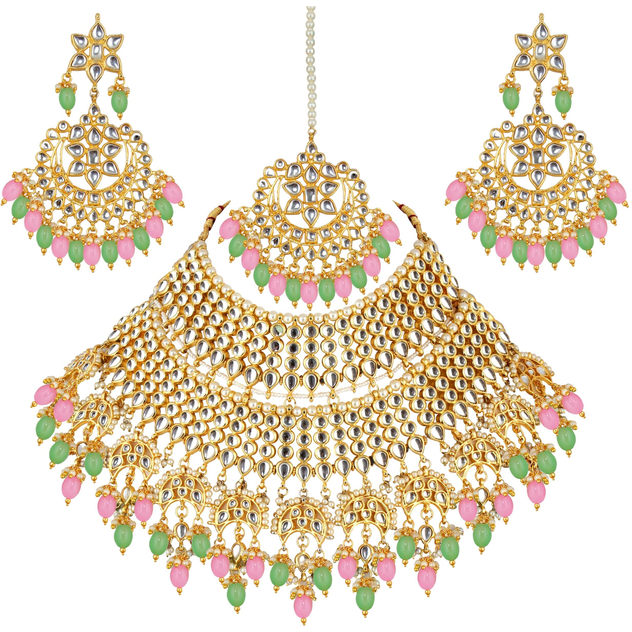 Lucky Jewellery Designer Gold Plating Pink and Mint Color Pearl with Kundan Choker Bridal Necklace Set For Girls & Women (4200-QSK-564-PKMNT)