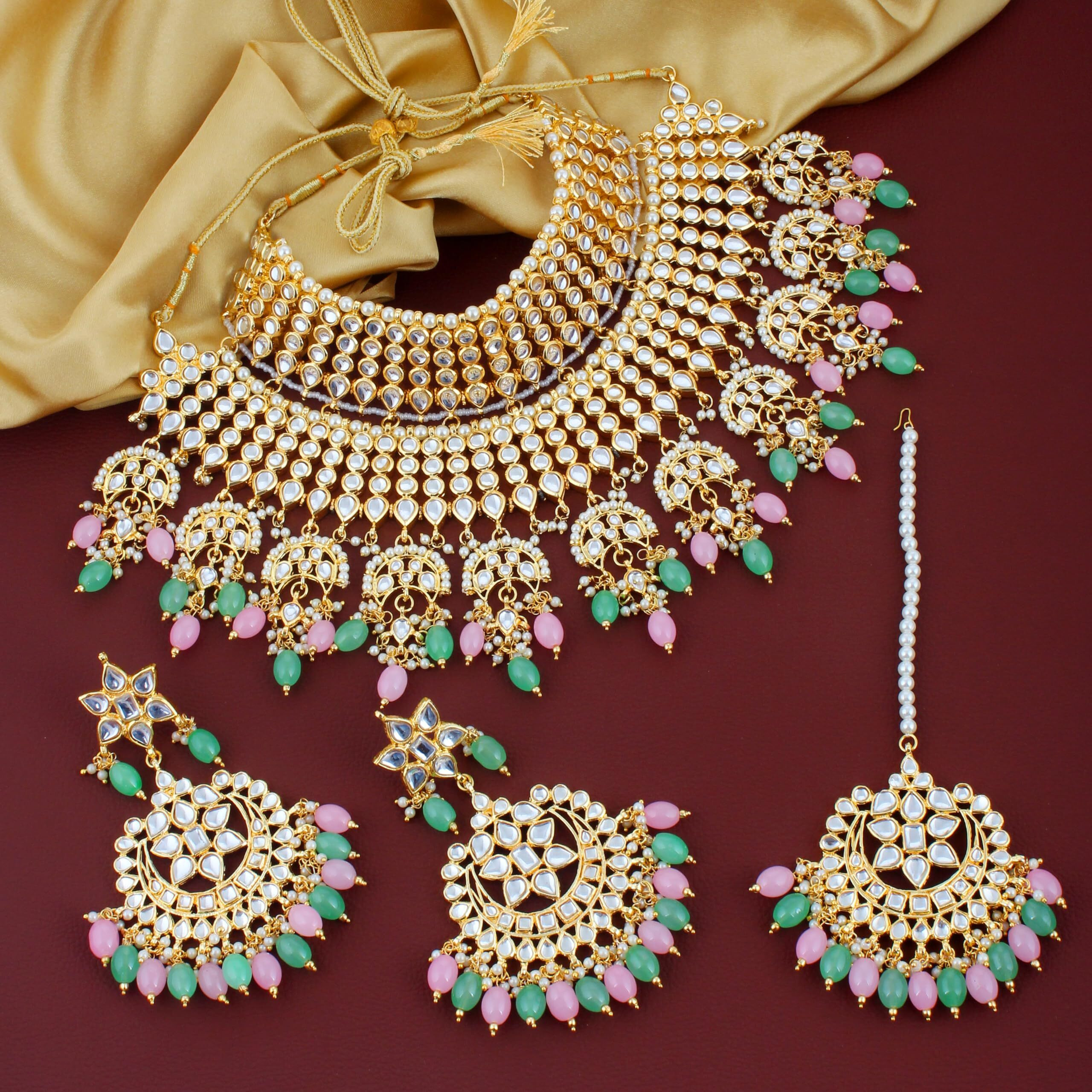 Lucky Jewellery Designer Gold Plating Pink and Mint Color Pearl with Kundan Choker Bridal Necklace Set For Girls & Women (4200-QSK-564-PKMNT)