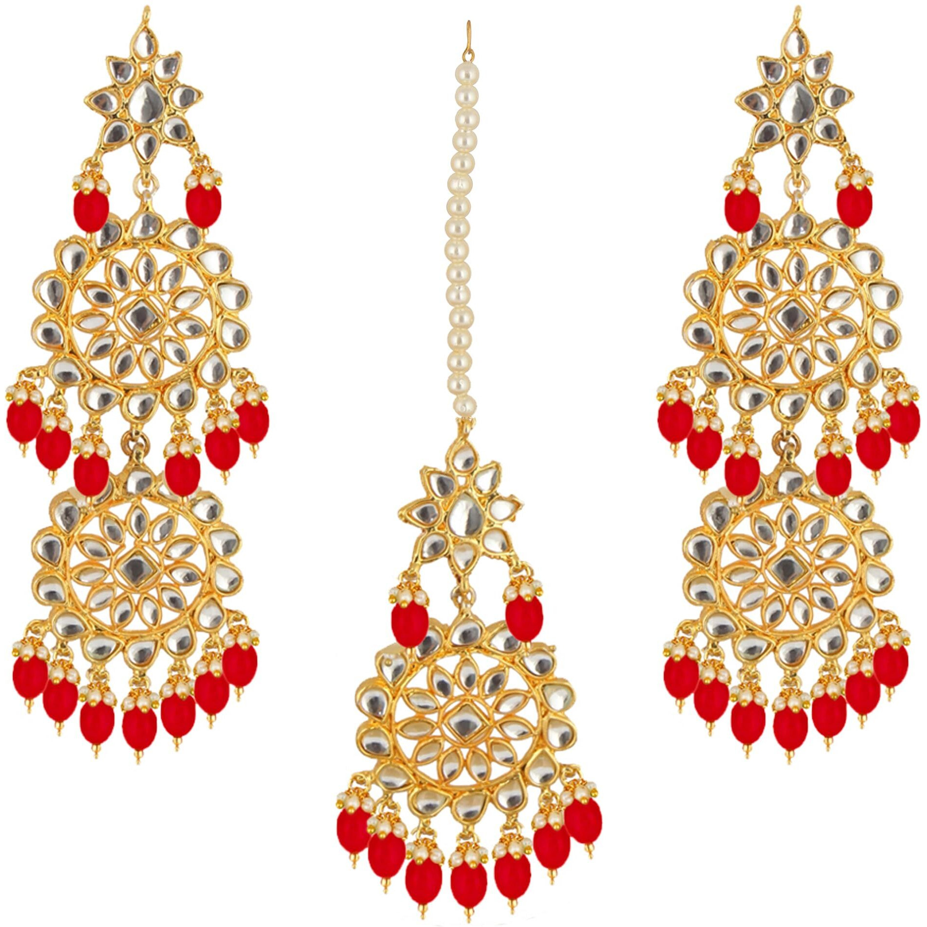 Lucky Jewellery Designer Gold Plating Red Color Pearl with Kundan Choker Bridal Dulhan Necklace Set For Girls & Women (4200-QSK-580-RED)