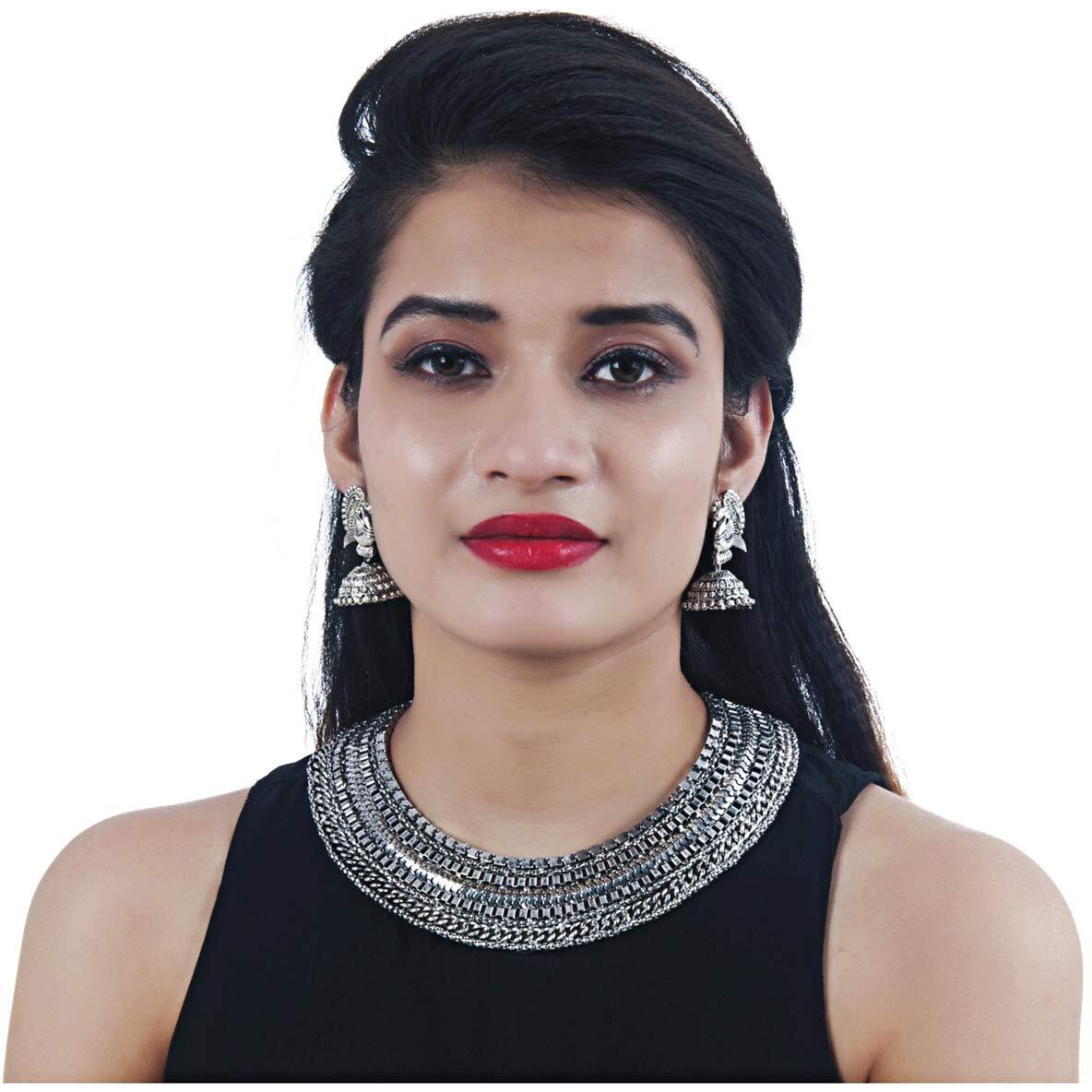 Lucky Jewellery Fancy Designer Black Metal Silver Oxidised Choker Necklace Set with Earrings Girls & Women (853-COMBO-CHSO-947-2)