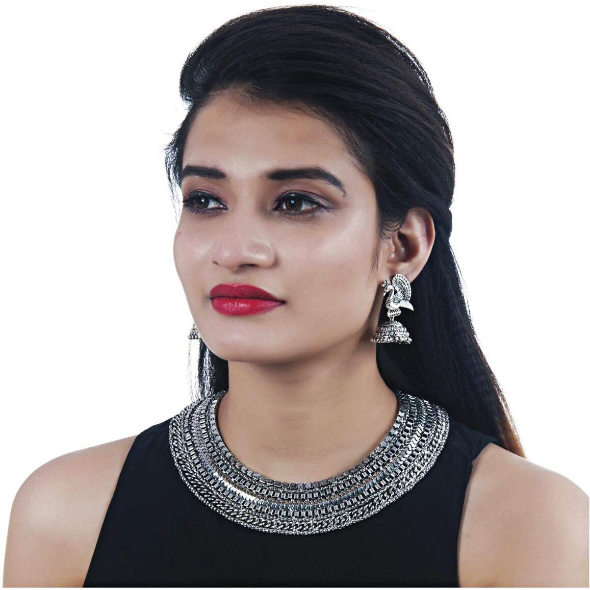 Lucky Jewellery Fancy Designer Black Metal Silver Oxidised Choker Necklace Set with Earrings Girls & Women (853-COMBO-CHSO-947-2)