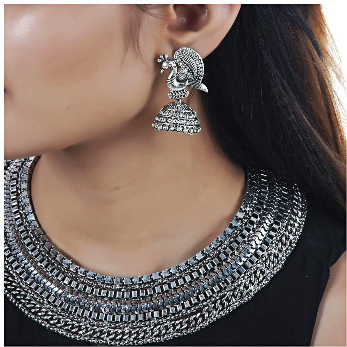 Lucky Jewellery Fancy Designer Black Metal Silver Oxidised Choker Necklace Set with Earrings Girls & Women (853-COMBO-CHSO-947-2)