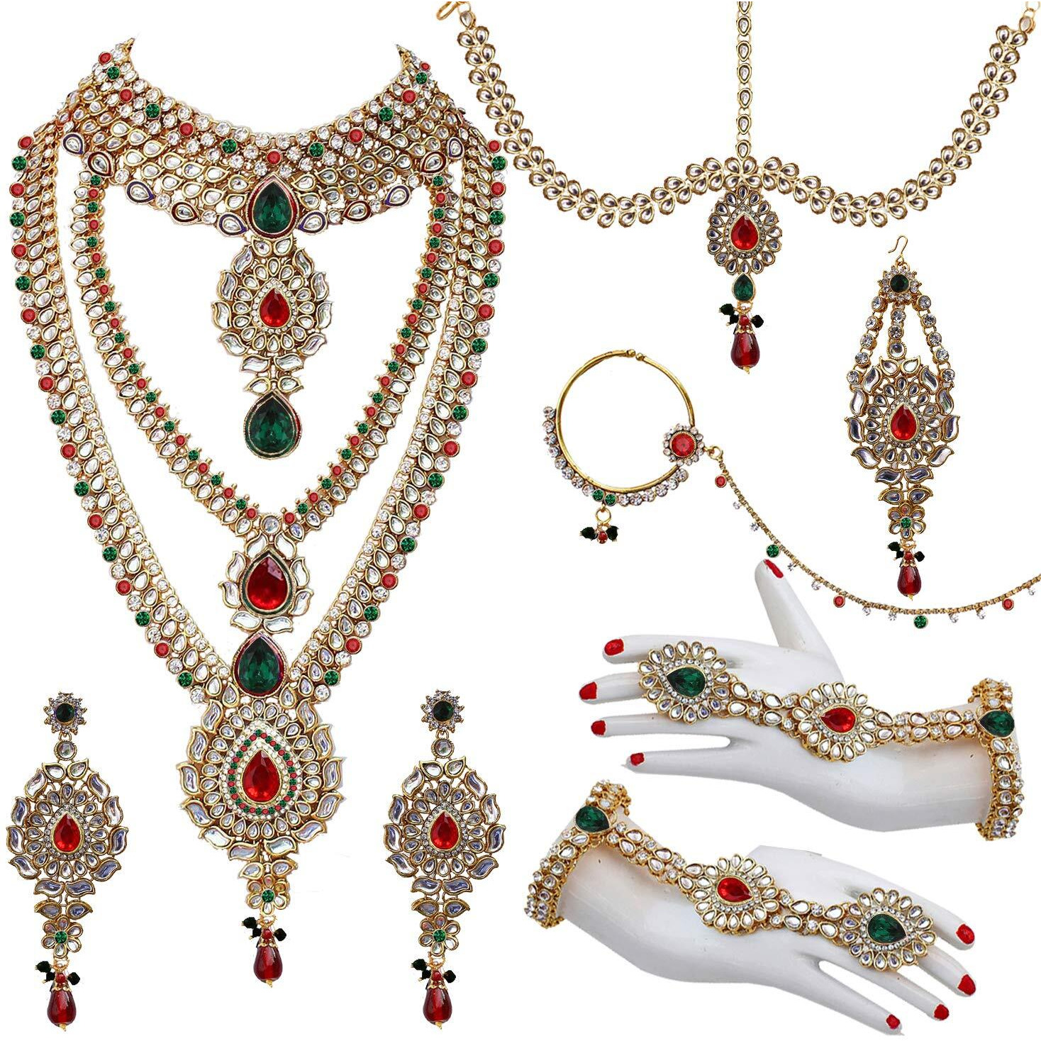 Lucky Jewellery Designer Gold Plated Dulhan Bridal Jewelry Set 8 Pcs. for Girls & Women (WZK-RED-G)