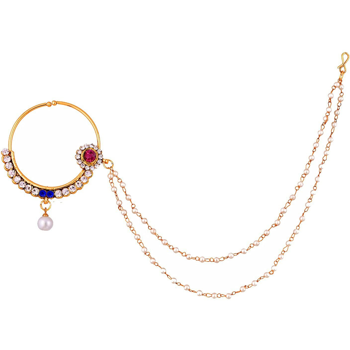 Lucky Jewellery 18 K Gold Plated Karwa Chauth Magenta Blue Color Alloy Wedding Suhag Nath for Girls & Women