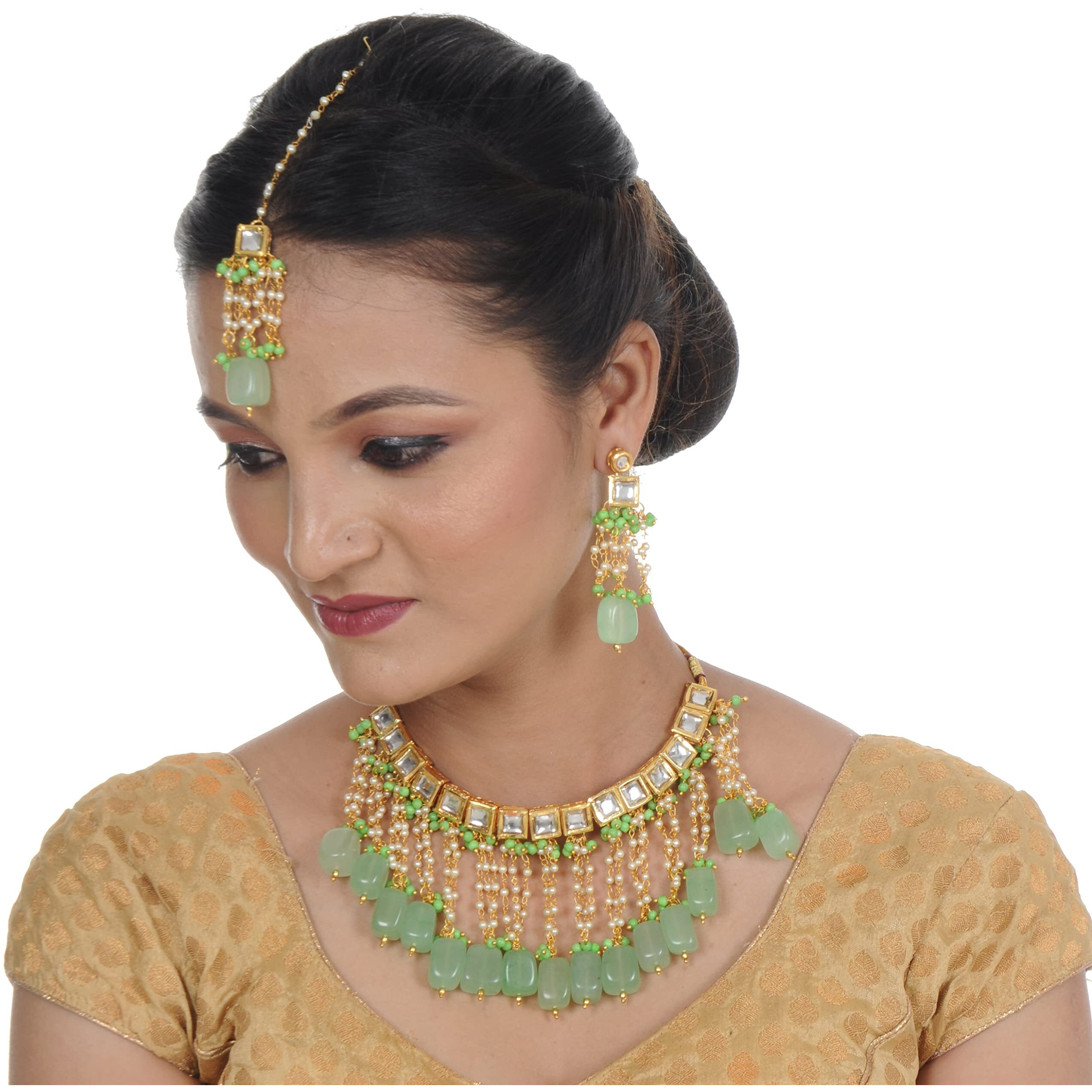 LUCKY JEWELLERY Back Meenakari 18k Gold Plated Green Color Square Shape Tika Earring Combo Jewellery Set Uncut Kundan Big Faux Kundan Dibbi Kundan Choker Necklace Set for Girls & Women