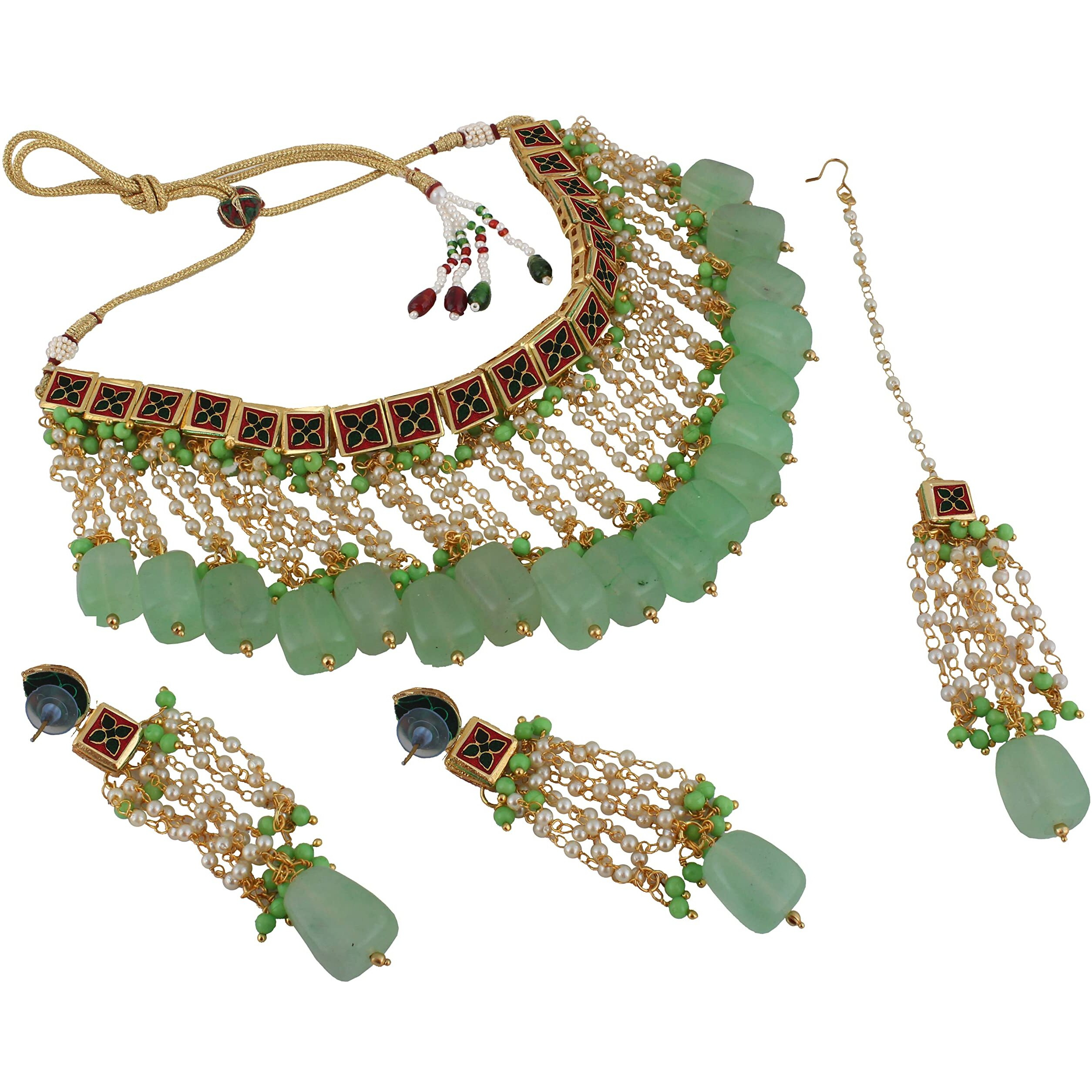 LUCKY JEWELLERY Back Meenakari 18k Gold Plated Green Color Square Shape Tika Earring Combo Jewellery Set Uncut Kundan Big Faux Kundan Dibbi Kundan Choker Necklace Set for Girls & Women