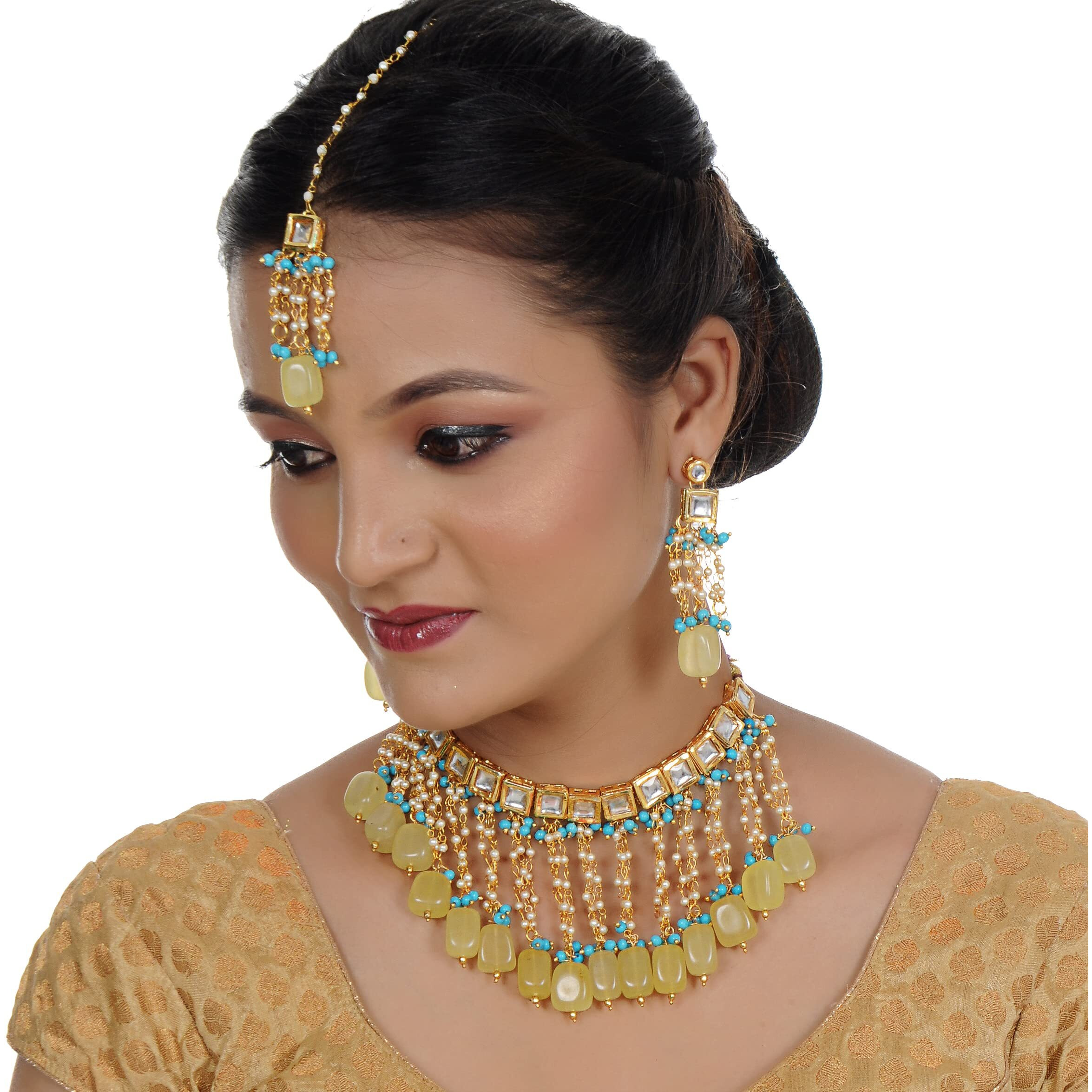 LUCKY JEWELLERY Back Meenakari 18k Gold Plated Multicolor Square Shape Tika Earring Combo Jewellery Set Uncut Kundan Big Faux Kundan Dibbi Kundan Choker Necklace Set for Girls & Women