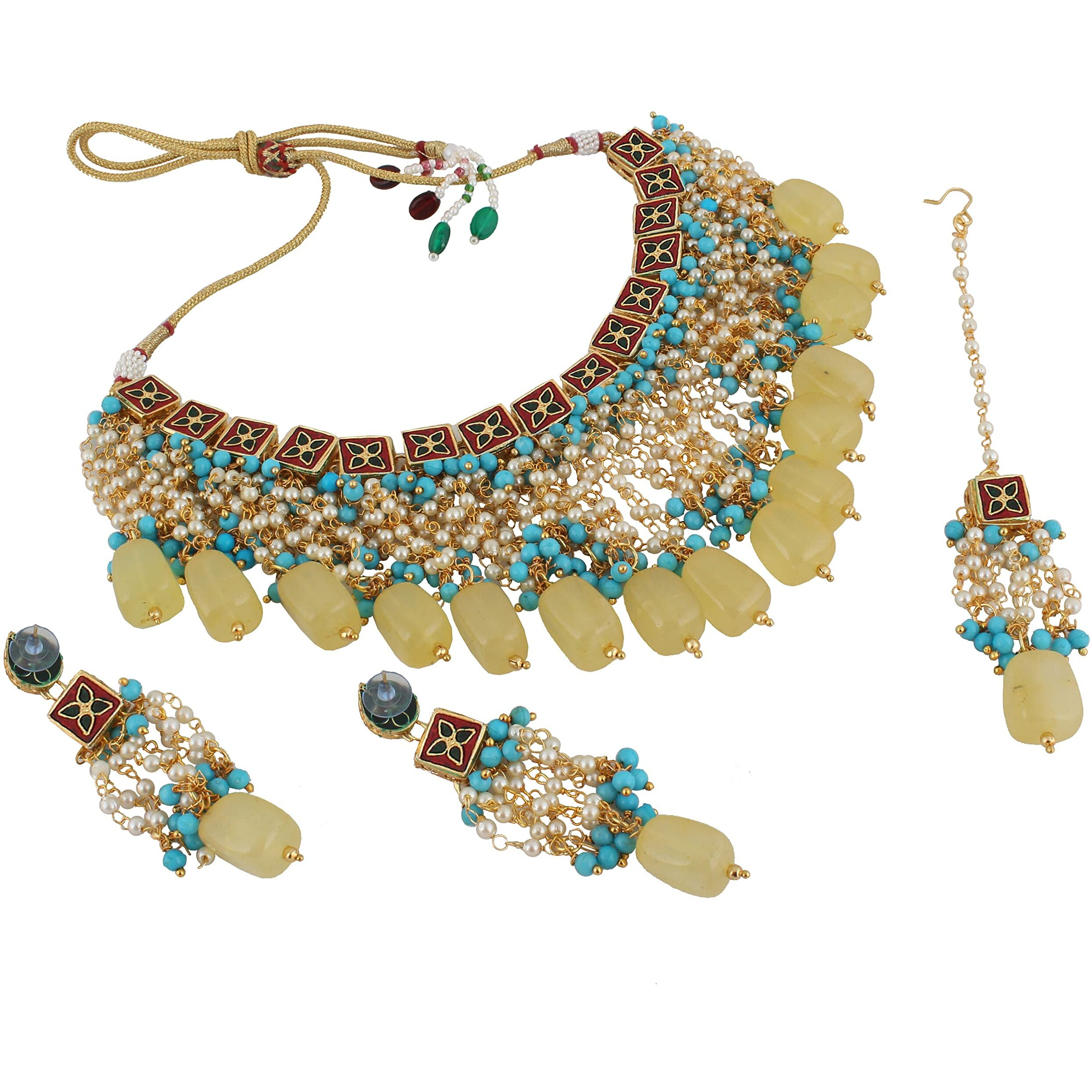LUCKY JEWELLERY Back Meenakari 18k Gold Plated Multicolor Square Shape Tika Earring Combo Jewellery Set Uncut Kundan Big Faux Kundan Dibbi Kundan Choker Necklace Set for Girls & Women