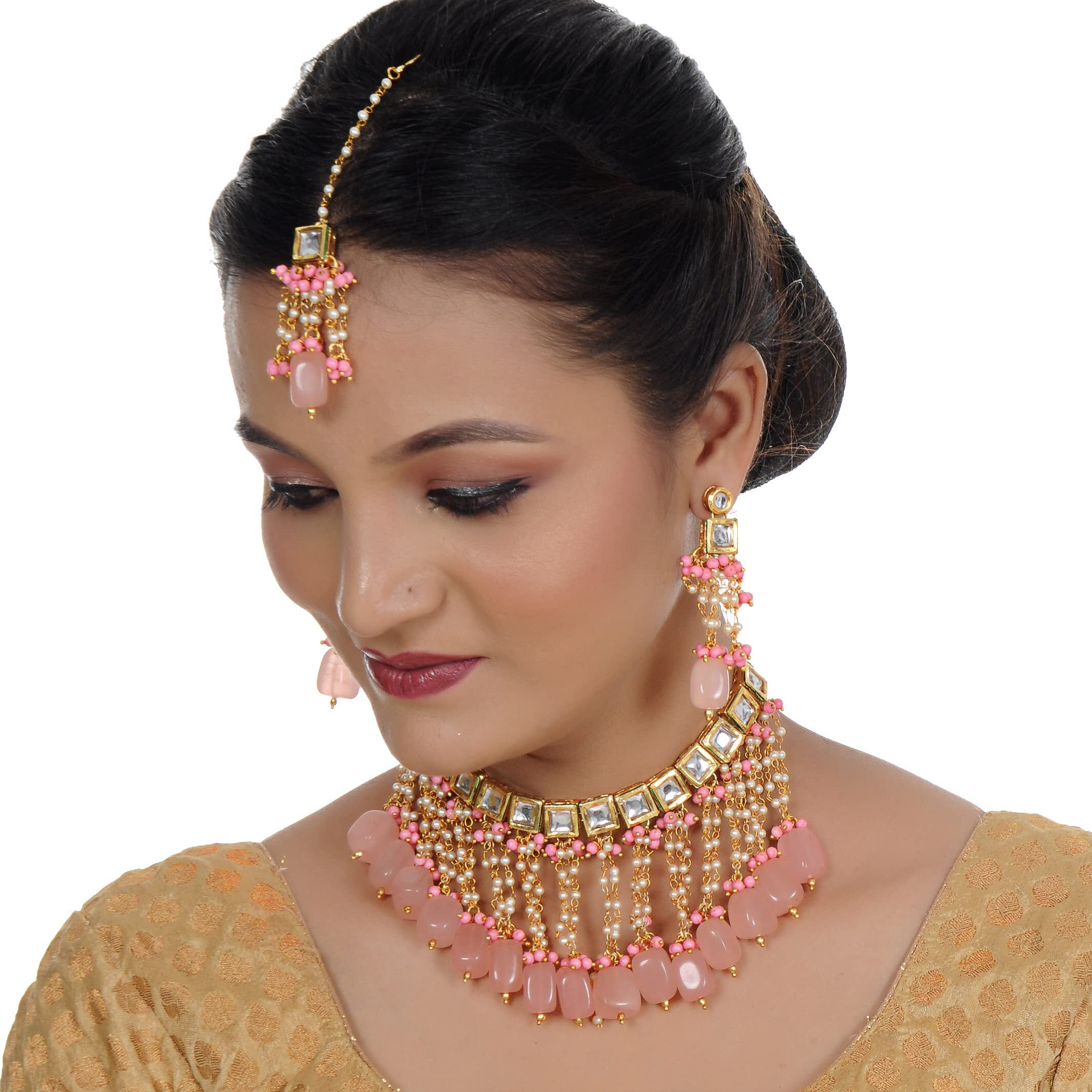 LUCKY JEWELLERY Back Meenakari 18k Gold Plated Pink Color Square Shape Tika Earring Combo Jewellery Set Uncut Kundan Big Faux Kundan Dibbi Kundan Choker Necklace Set for Girls & Women