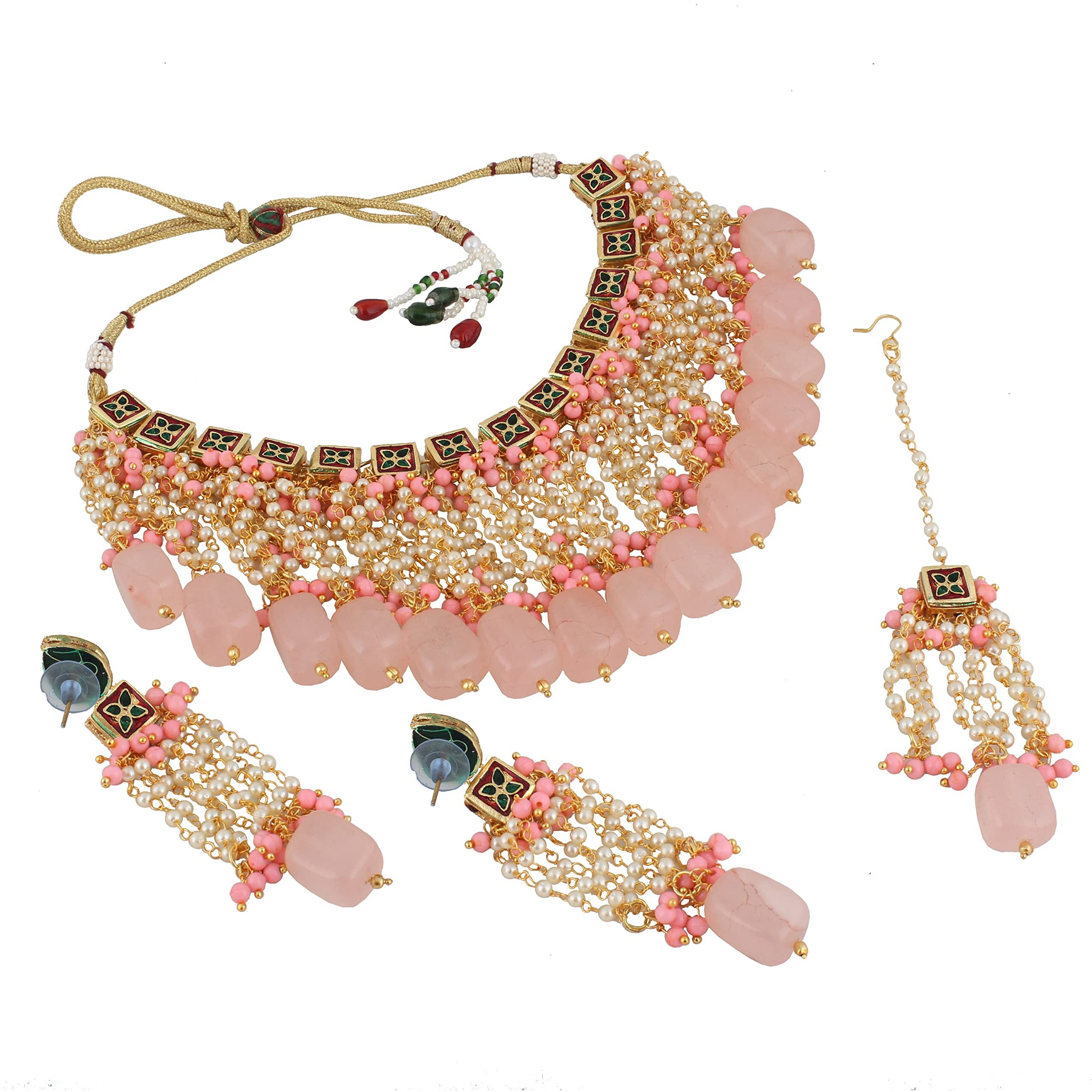 LUCKY JEWELLERY Back Meenakari 18k Gold Plated Pink Color Square Shape Tika Earring Combo Jewellery Set Uncut Kundan Big Faux Kundan Dibbi Kundan Choker Necklace Set for Girls & Women