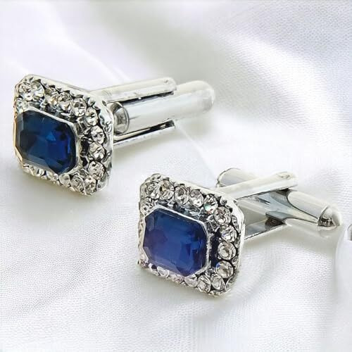 Lucky Jewellery Unique Men Jewelry White And Blue Color Stone Silver Plated Sleeve Button Formal Cuff Button Wedding Shirt Button, Suit, Blazer Cufflinks Pair Gift Set For Men (225-M4C4-CRM7220-B-S)