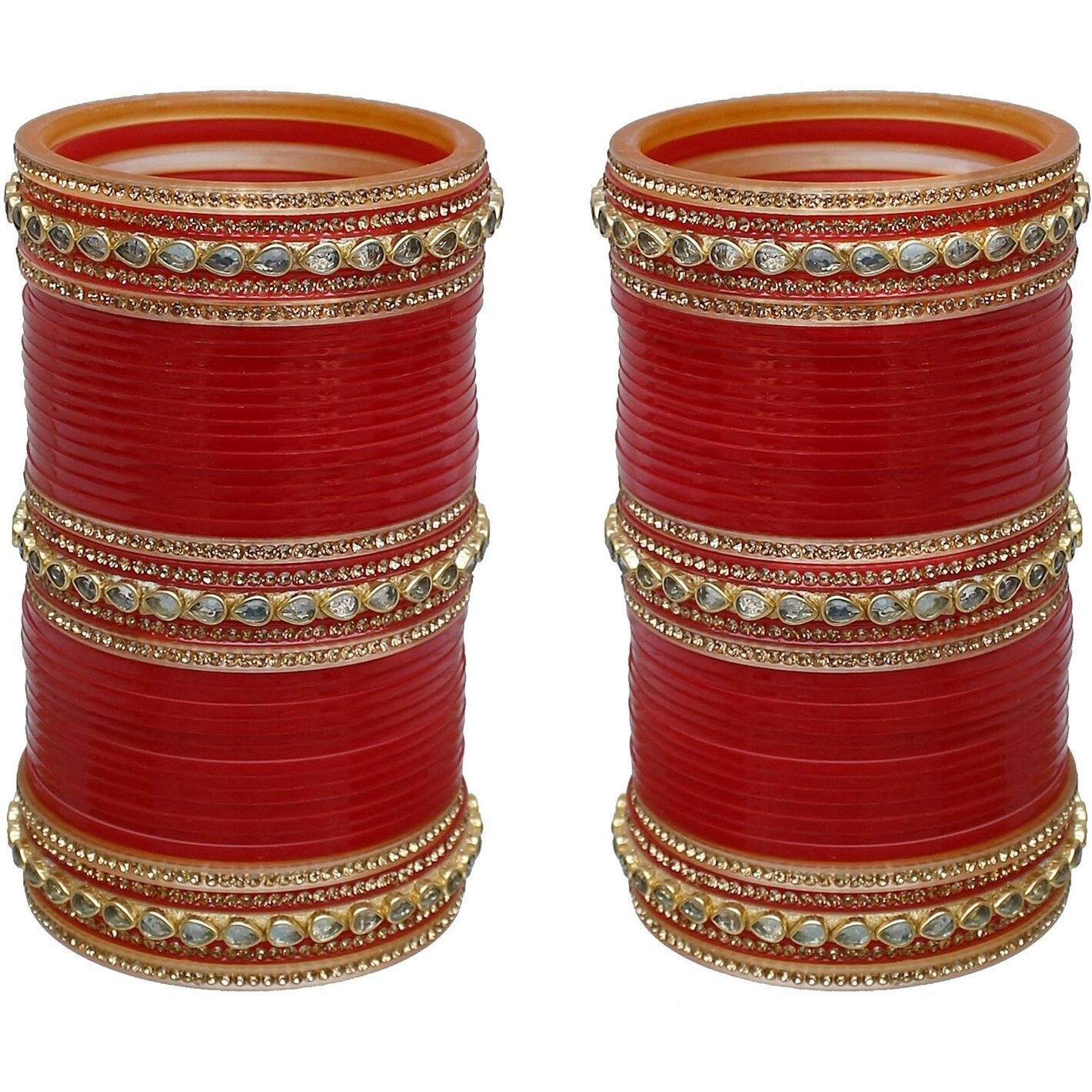 Lucky Jewellery Bridal Bangle Set Designer Golden White & Red Stone Chuda, Wedding punjabi Choora Fashion Chura Set for Women (941-M1C1-LOVKUSH-R28)