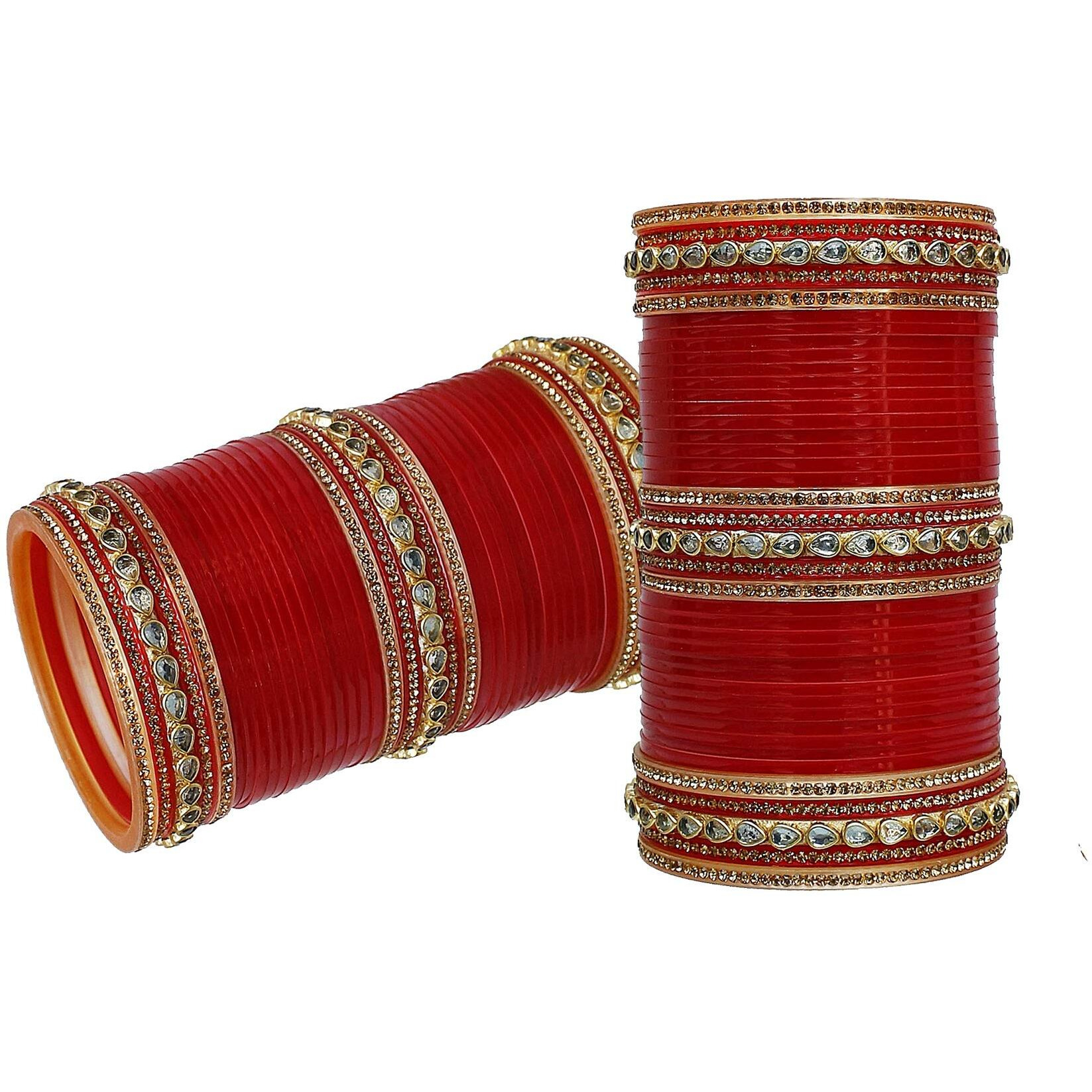 Lucky Jewellery Bridal Bangle Set Designer Golden White & Red Stone Chuda, Wedding punjabi Choora Fashion Chura Set for Women (941-M1C1-LOVKUSH-R28)
