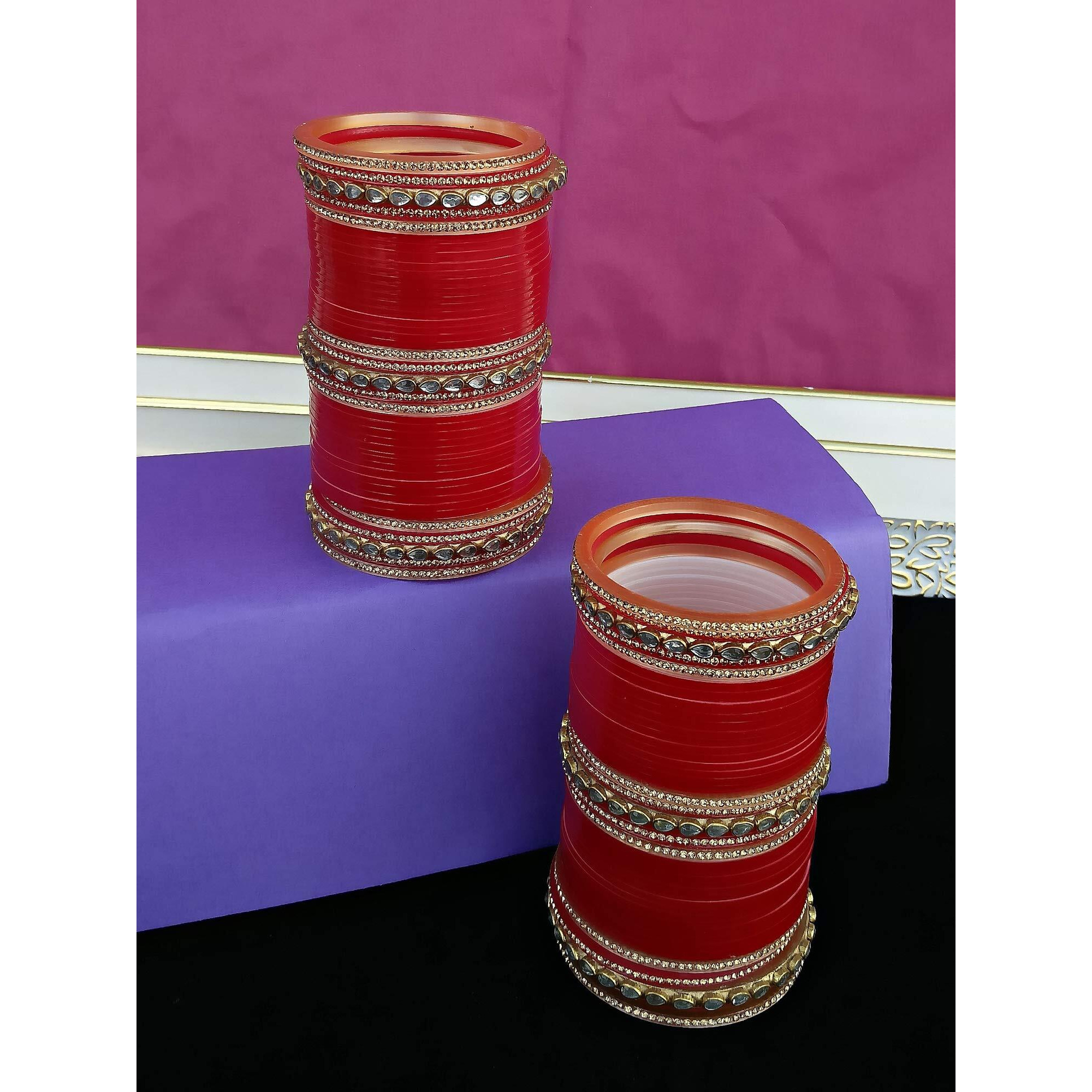 Lucky Jewellery Bridal Bangle Set Designer Golden White & Red Stone Chuda, Wedding punjabi Choora Fashion Chura Set for Women (941-M1C1-LOVKUSH-R28)