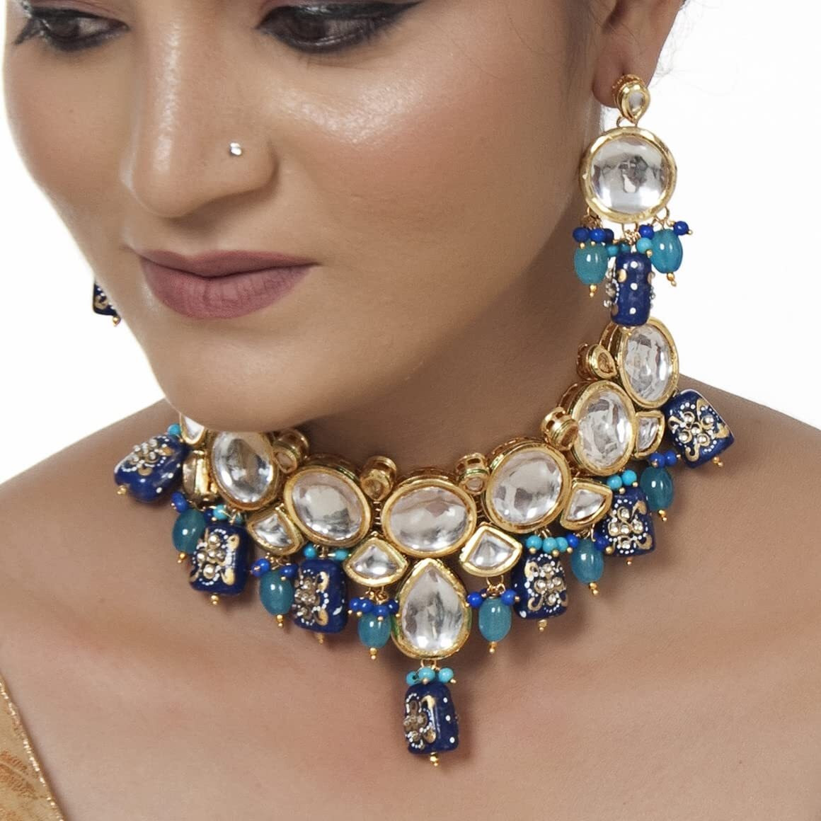 LUCKY JEWELLERY Back Meenakari 18k Gold Plated Multicolor Earring Combo Jewellery Set Uncut Kundan Big Faux Kundan Dibbi Kundan Choker Necklace Set for Girls & Women