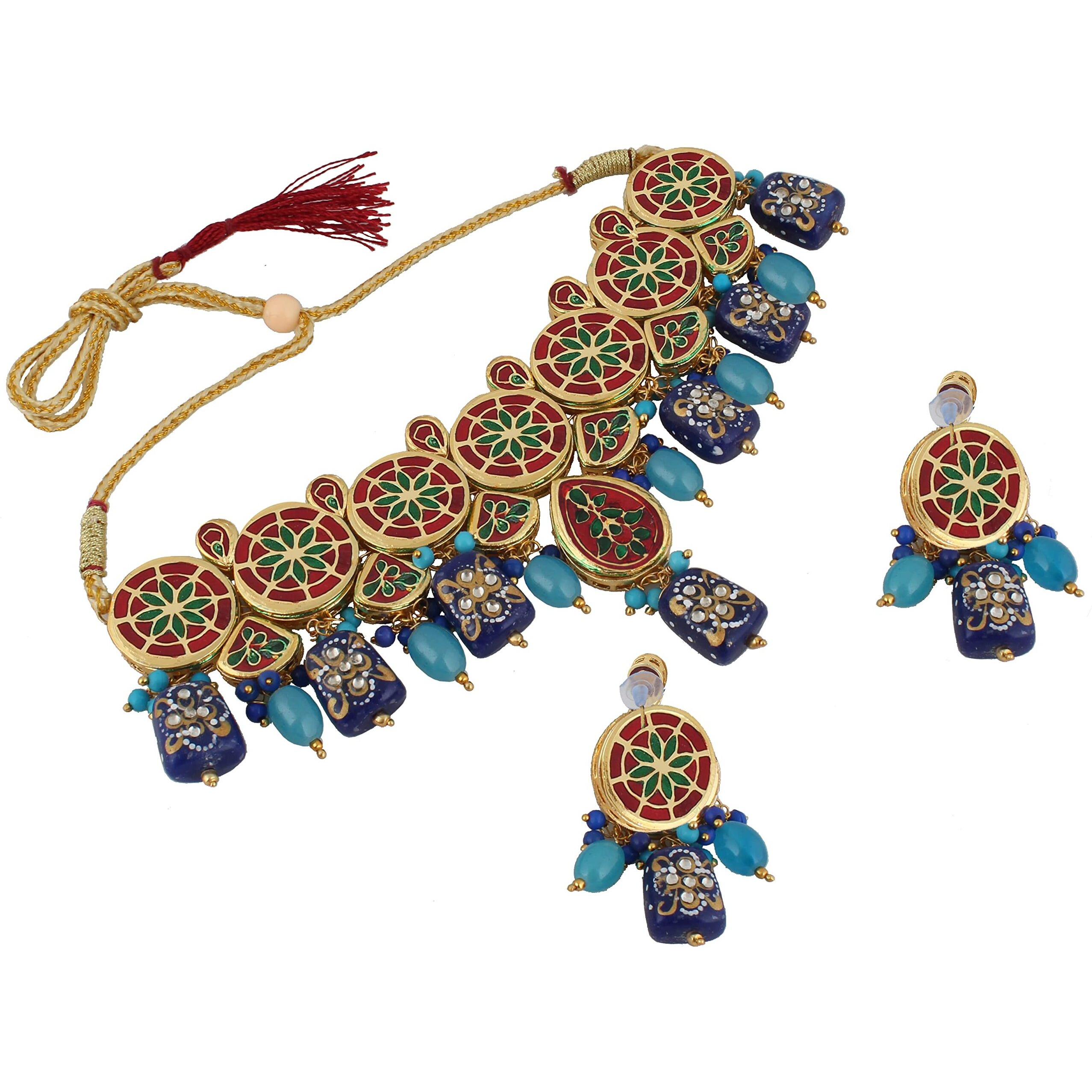 LUCKY JEWELLERY Back Meenakari 18k Gold Plated Multicolor Earring Combo Jewellery Set Uncut Kundan Big Faux Kundan Dibbi Kundan Choker Necklace Set for Girls & Women