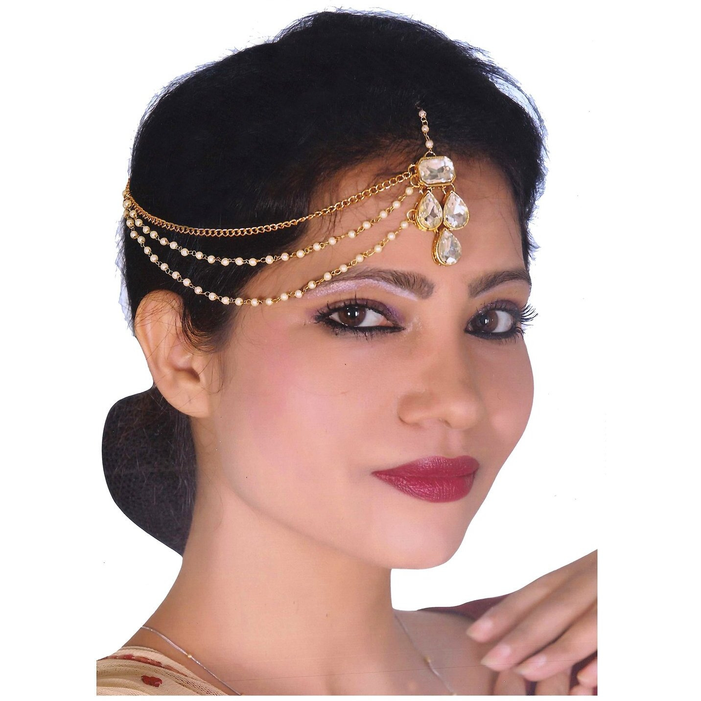 Lucky Jewellery Bridal Dulhan Collection White Color Stone Tikka Wedding Matha Patti For Girls & Women (125-L1PM-14-W)