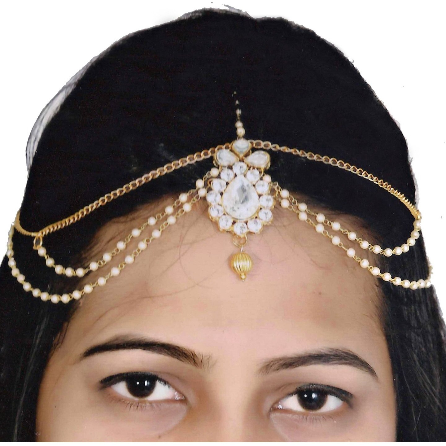 Lucky Jewellery Bridal Dulhan Collection White Color Stone Tikka Wedding Matha Patti For Girls & Women (165-L1PM-10-W)