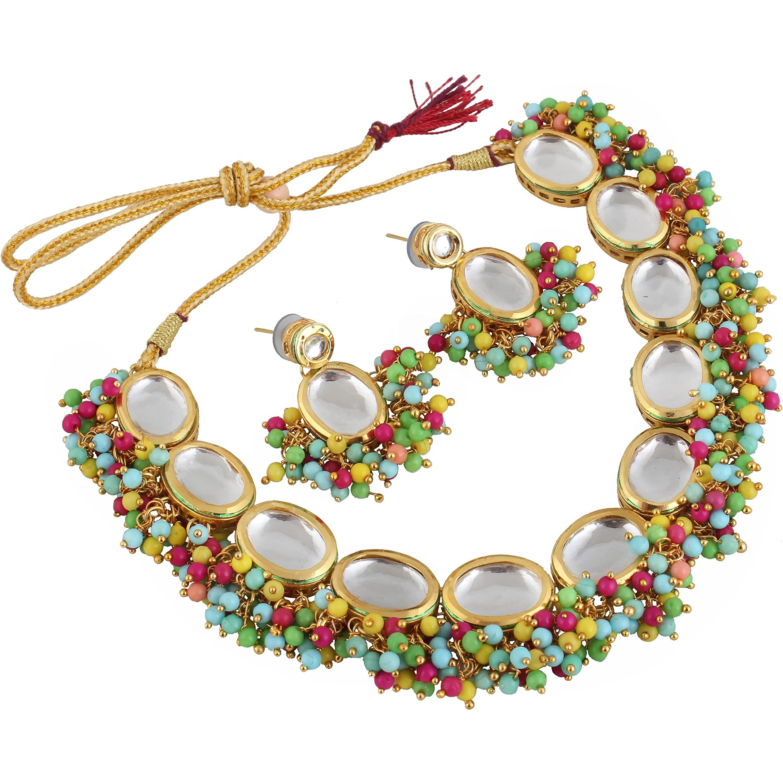 LUCKY JEWELLERY Back Meenakari 18k Gold Plated Multicolor Earring Combo Jewellery Set Uncut Kundan Big Faux Kundan Dibbi Kundan Choker Necklace Set for Girls & Women
