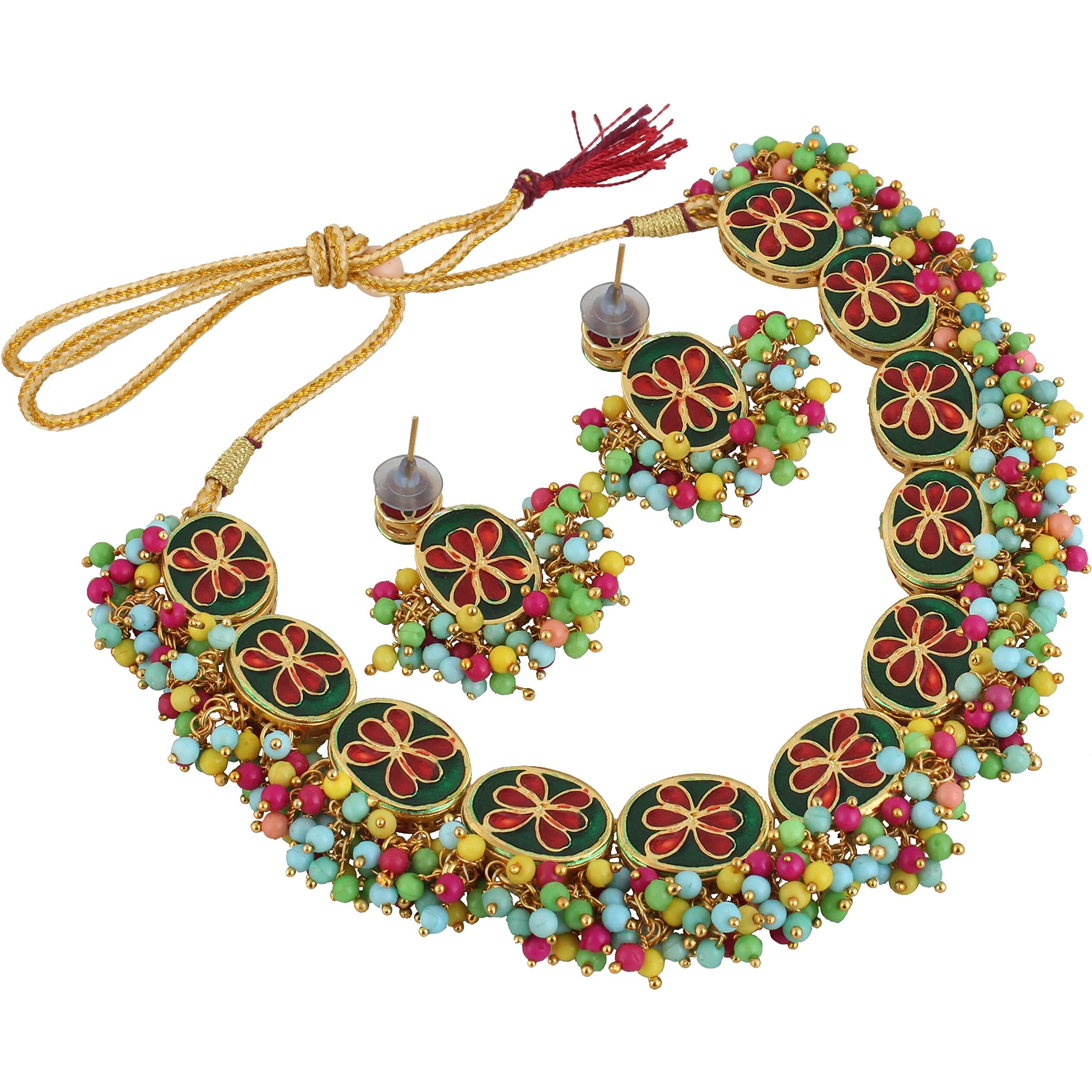 LUCKY JEWELLERY Back Meenakari 18k Gold Plated Multicolor Earring Combo Jewellery Set Uncut Kundan Big Faux Kundan Dibbi Kundan Choker Necklace Set for Girls & Women