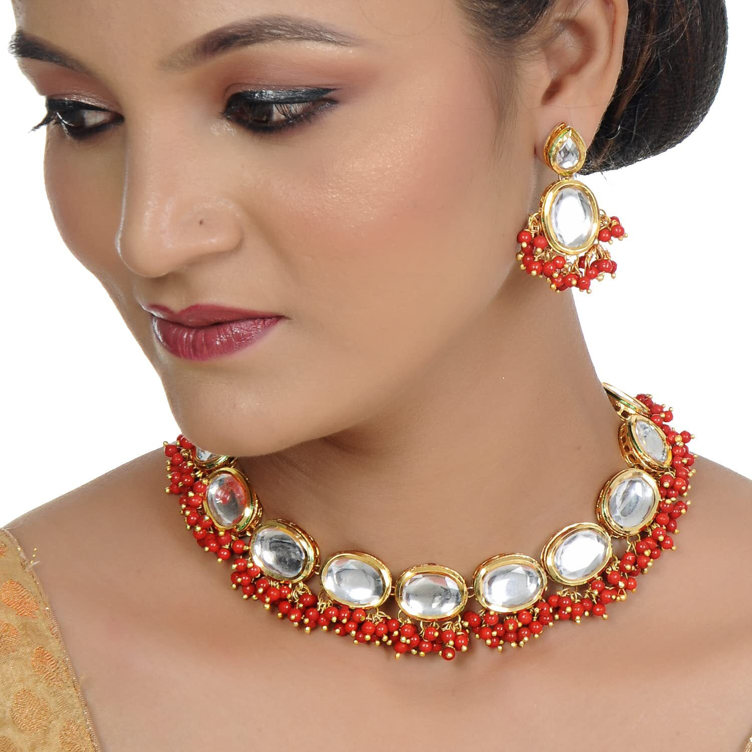 LUCKY JEWELLERY Back Meenakari 18k Gold Plated Red Color Earring Combo Jewellery Set Uncut Kundan Big Faux Kundan Dibbi Kundan Choker Necklace Set for Girls & Women