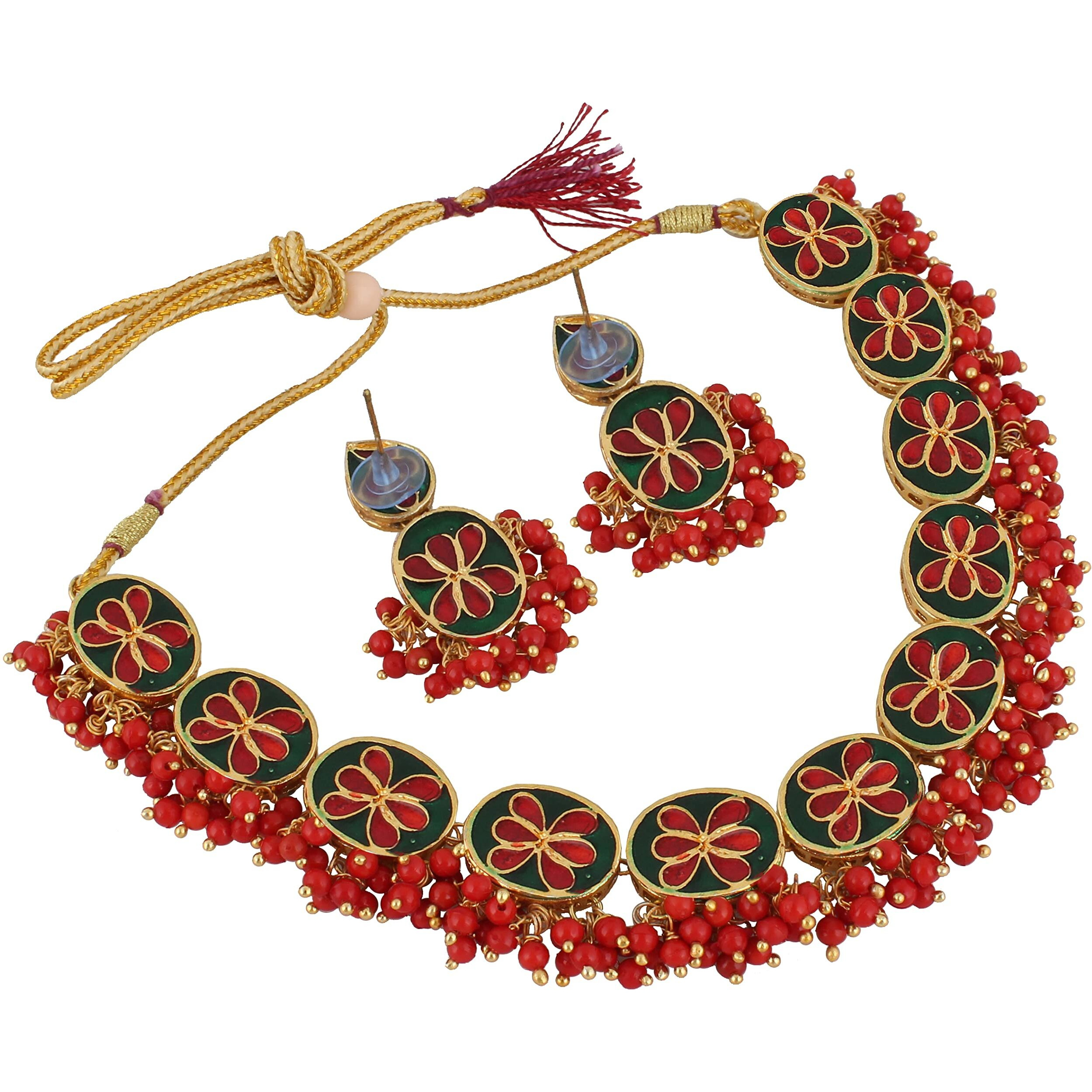 LUCKY JEWELLERY Back Meenakari 18k Gold Plated Red Color Earring Combo Jewellery Set Uncut Kundan Big Faux Kundan Dibbi Kundan Choker Necklace Set for Girls & Women