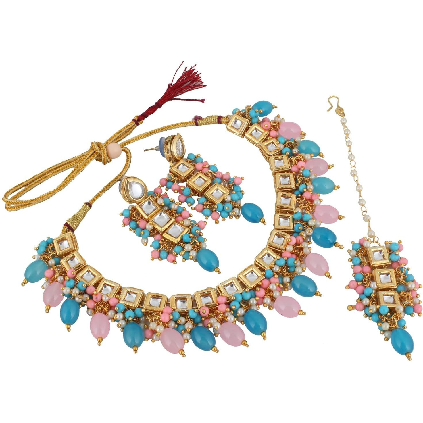 LUCKY JEWELLERY Back Meenakari 18k Gold Plated Multicolor Square Shape Tika Earring Combo Jewellery Set Uncut Kundan Big Faux Kundan Dibbi Kundan Choker Necklace Set for Girls & Women