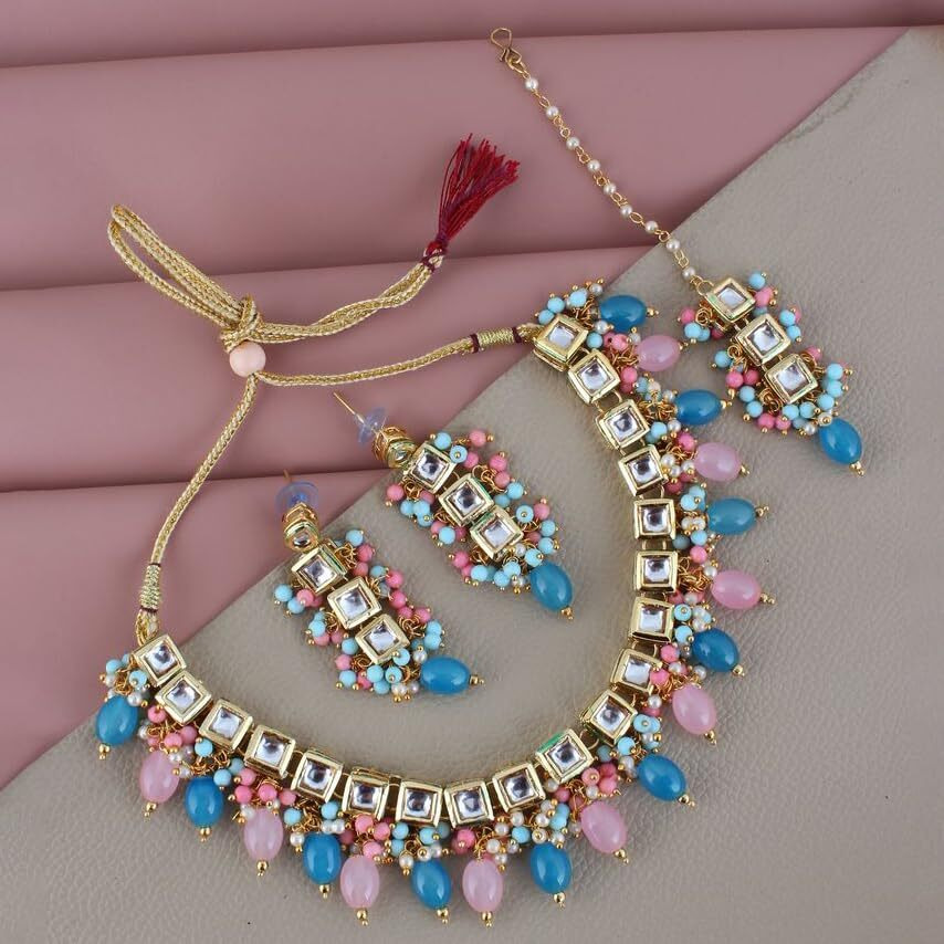 LUCKY JEWELLERY Back Meenakari 18k Gold Plated Multicolor Square Shape Tika Earring Combo Jewellery Set Uncut Kundan Big Faux Kundan Dibbi Kundan Choker Necklace Set for Girls & Women