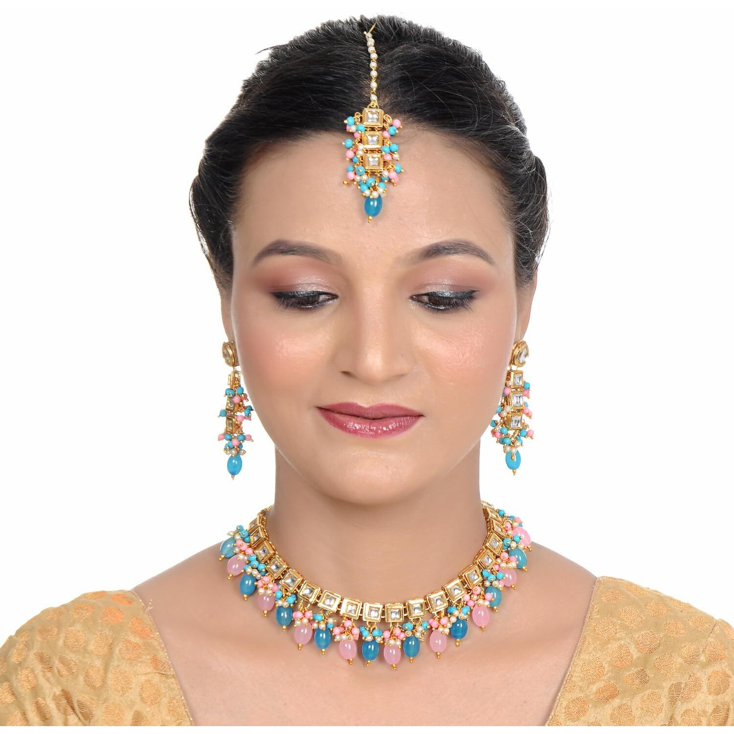 LUCKY JEWELLERY Back Meenakari 18k Gold Plated Multicolor Square Shape Tika Earring Combo Jewellery Set Uncut Kundan Big Faux Kundan Dibbi Kundan Choker Necklace Set for Girls & Women