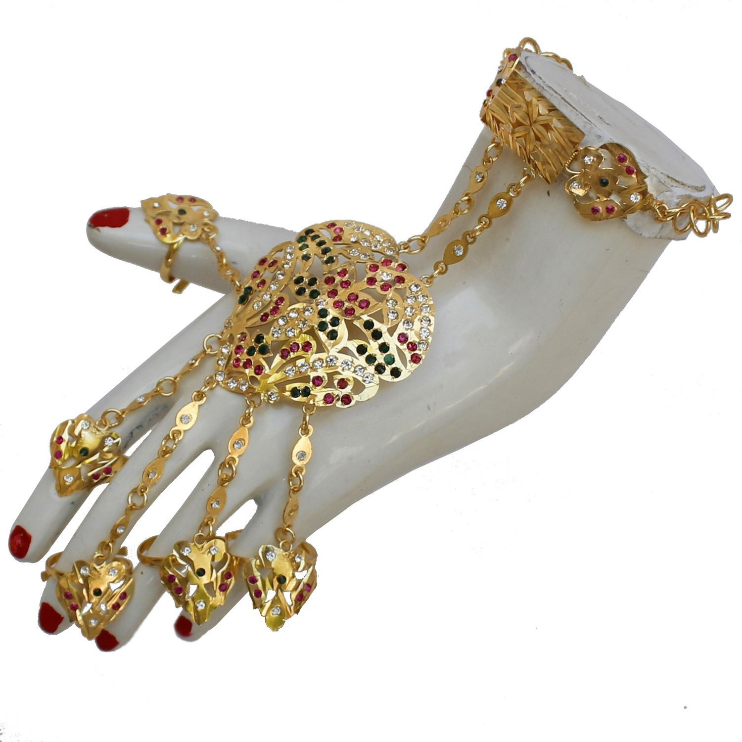 Lucky Jewellery Elegant Magenta Green Color Gold Plated Stone Hand Bracelet Bridal Dulhan Hathphool For Girls & Women (1200-CHN-C319-RG)