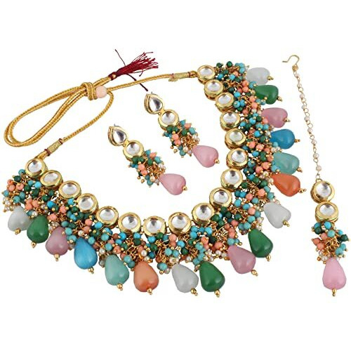 LUCKY JEWELLERY Back Meenakari 18k Gold Plated Multicolor Tika Earring Combo Jewellery Set Uncut Kundan Big Faux Kundan Dibbi Kundan Choker Necklace Set for Girls & Women