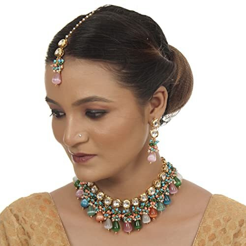 LUCKY JEWELLERY Back Meenakari 18k Gold Plated Multicolor Tika Earring Combo Jewellery Set Uncut Kundan Big Faux Kundan Dibbi Kundan Choker Necklace Set for Girls & Women