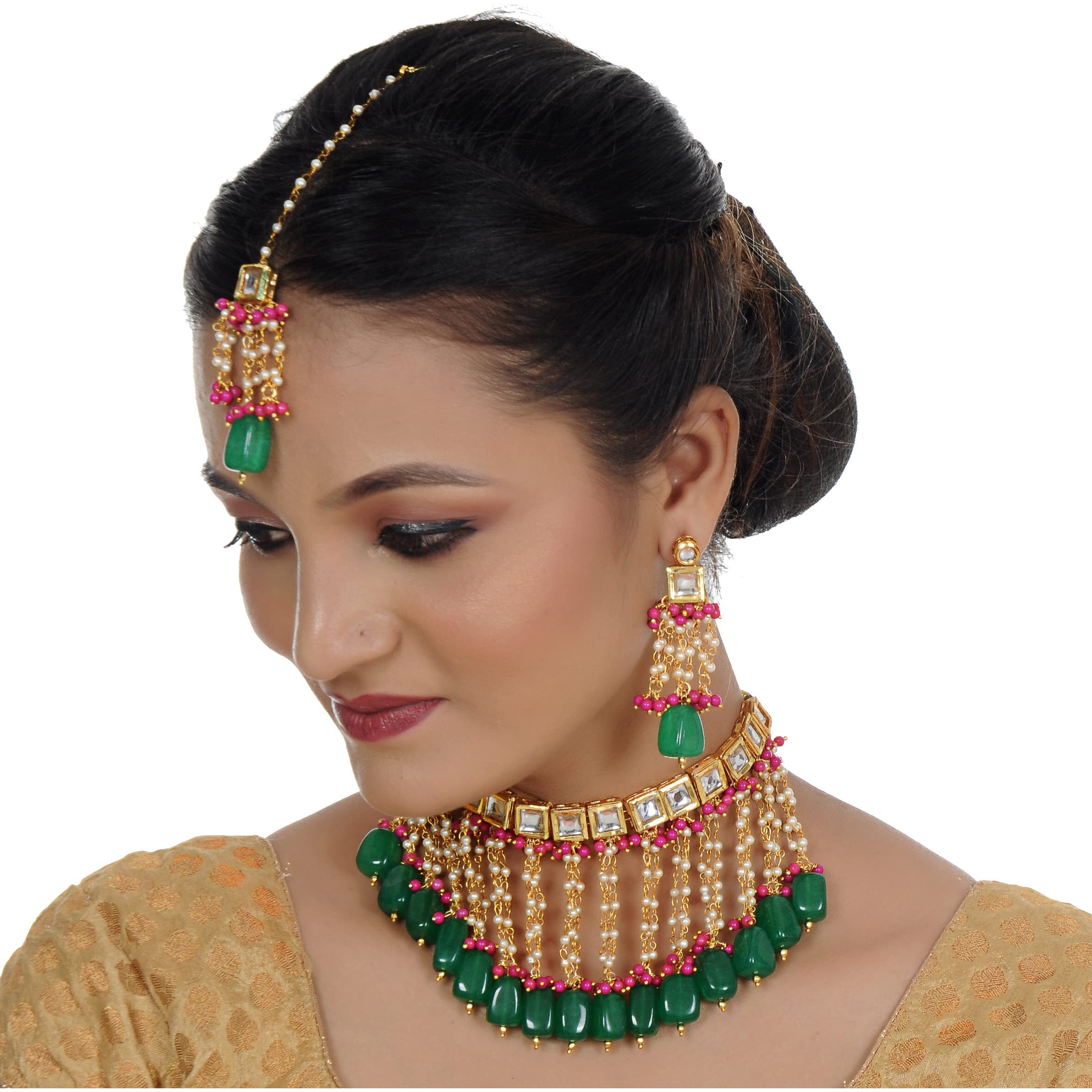 LUCKY JEWELLERY Back Meenakari 18k Gold Plated Multicolor Square Shape Tika Earring Combo Jewellery Set Uncut Kundan Big Faux Kundan Dibbi Kundan Choker Necklace Set for Girls & Women