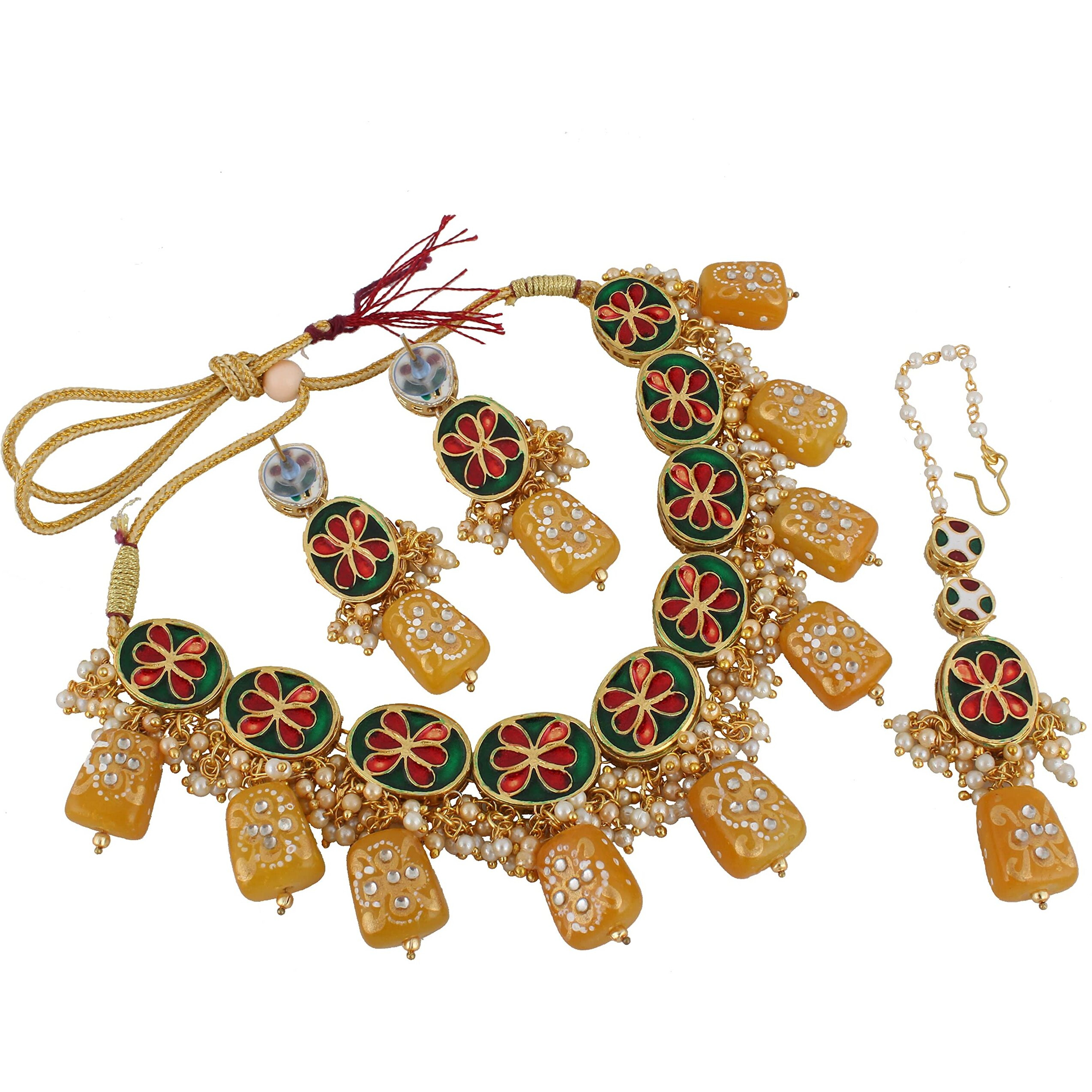 LUCKY JEWELLERY Back Meenakari 18k Gold Plated Yellow Color Tika Earring Combo Jewellery Set Uncut Kundan Big Faux Kundan Dibbi Kundan Choker Necklace Set for Girls & Women