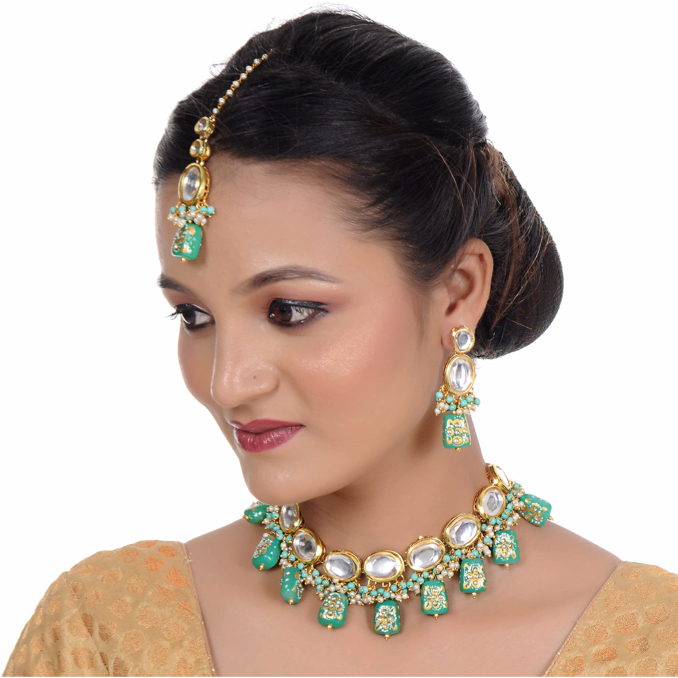 LUCKY JEWELLERY Back Meenakari 18k Gold Plated Mint Color Tika Earring Combo Jewellery Set Uncut Kundan Big Faux Kundan Dibbi Kundan Choker Necklace Set for Girls & Women