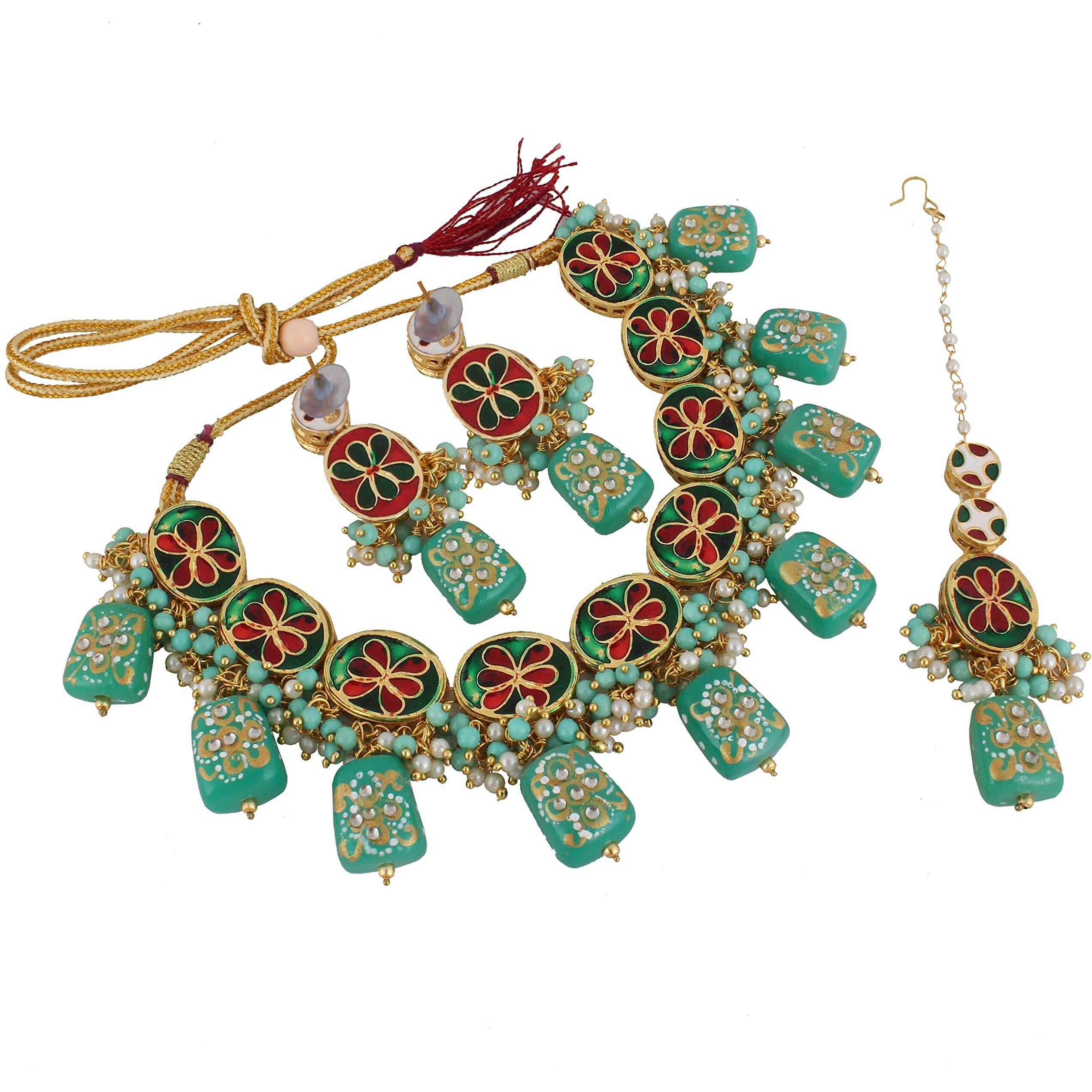 LUCKY JEWELLERY Back Meenakari 18k Gold Plated Mint Color Tika Earring Combo Jewellery Set Uncut Kundan Big Faux Kundan Dibbi Kundan Choker Necklace Set for Girls & Women