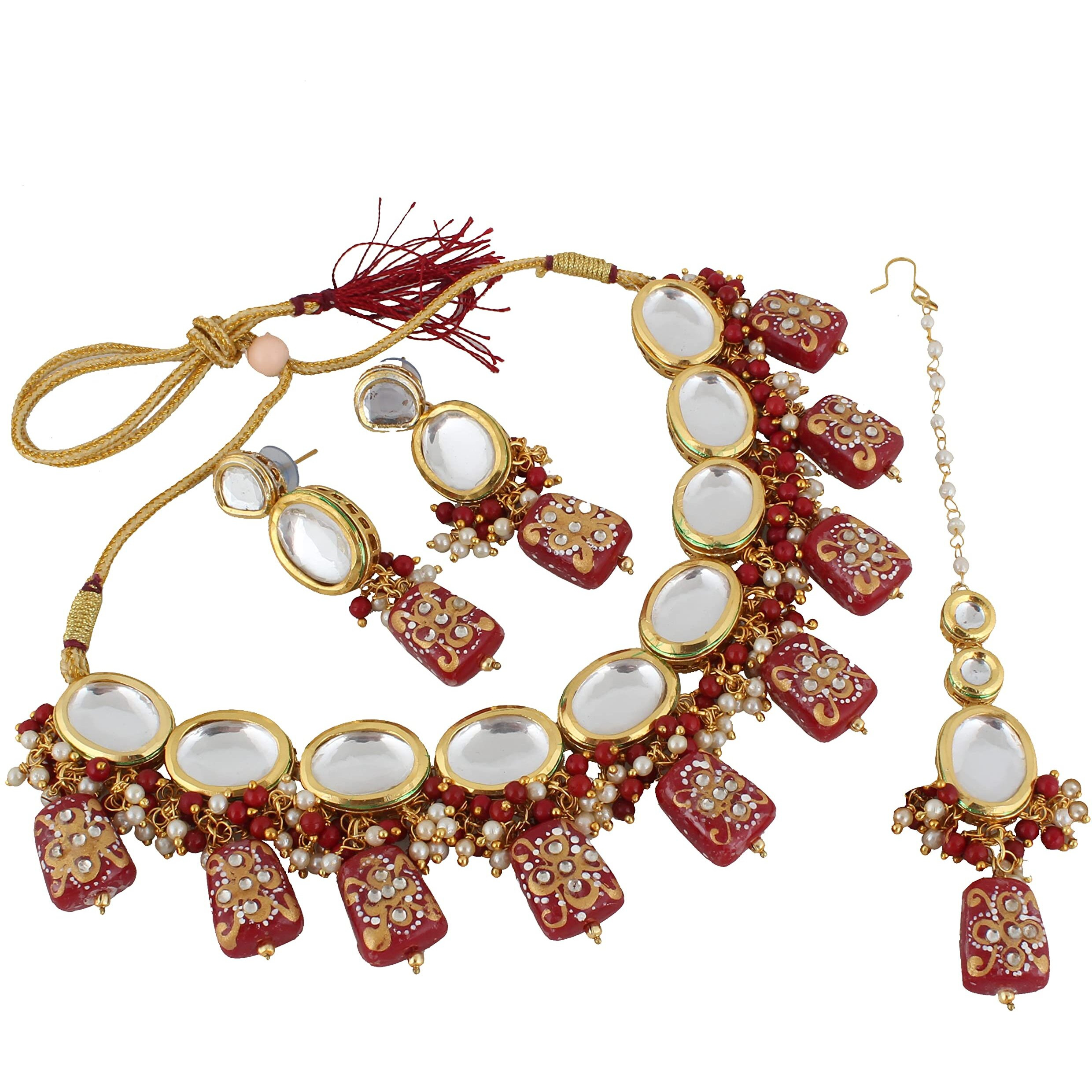 LUCKY JEWELLERY Back Meenakari 18k Gold Plated Maroon Color Tika Earring Combo Jewellery Set Uncut Kundan Big Faux Kundan Dibbi Kundan Choker Necklace Set for Girls & Women