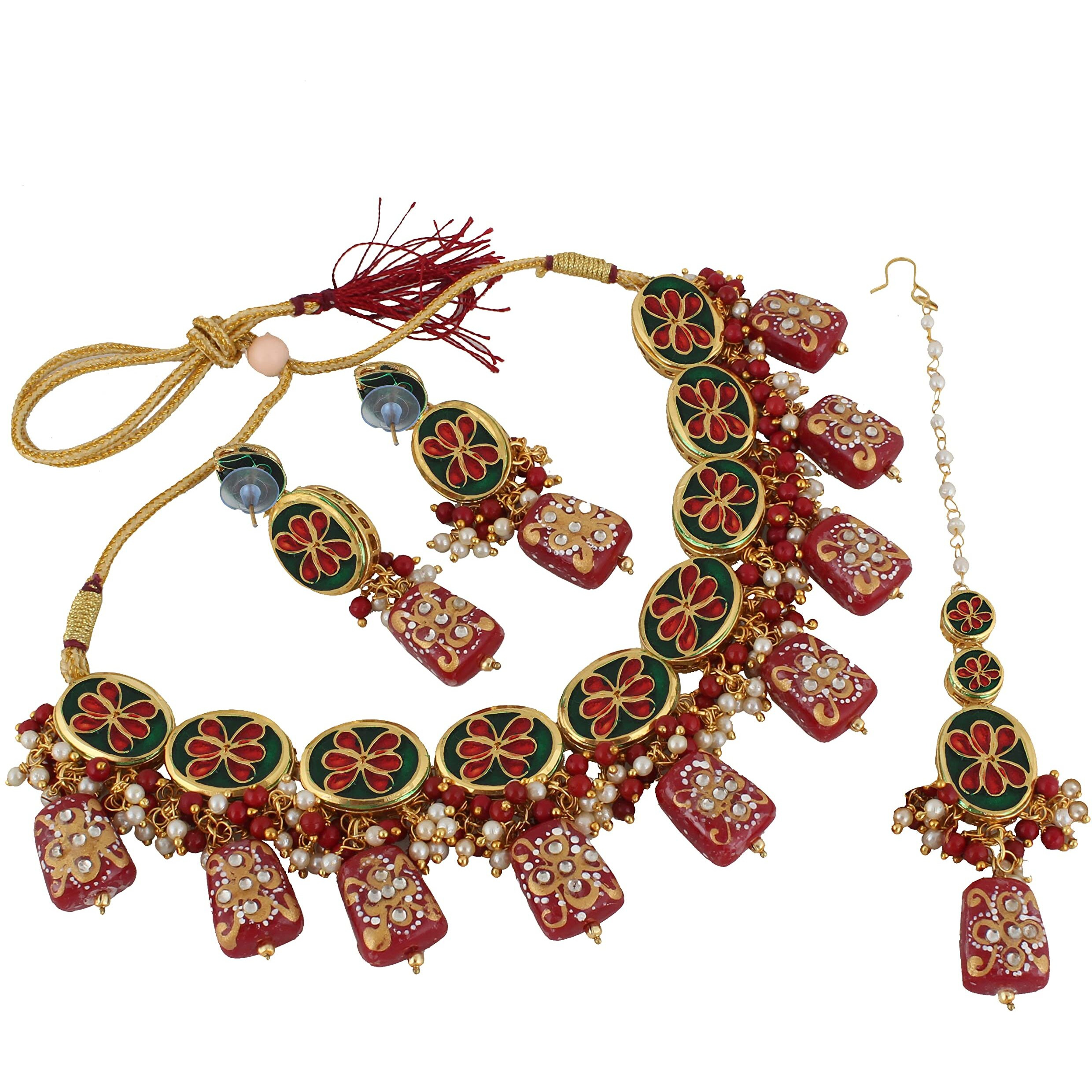 LUCKY JEWELLERY Back Meenakari 18k Gold Plated Maroon Color Tika Earring Combo Jewellery Set Uncut Kundan Big Faux Kundan Dibbi Kundan Choker Necklace Set for Girls & Women